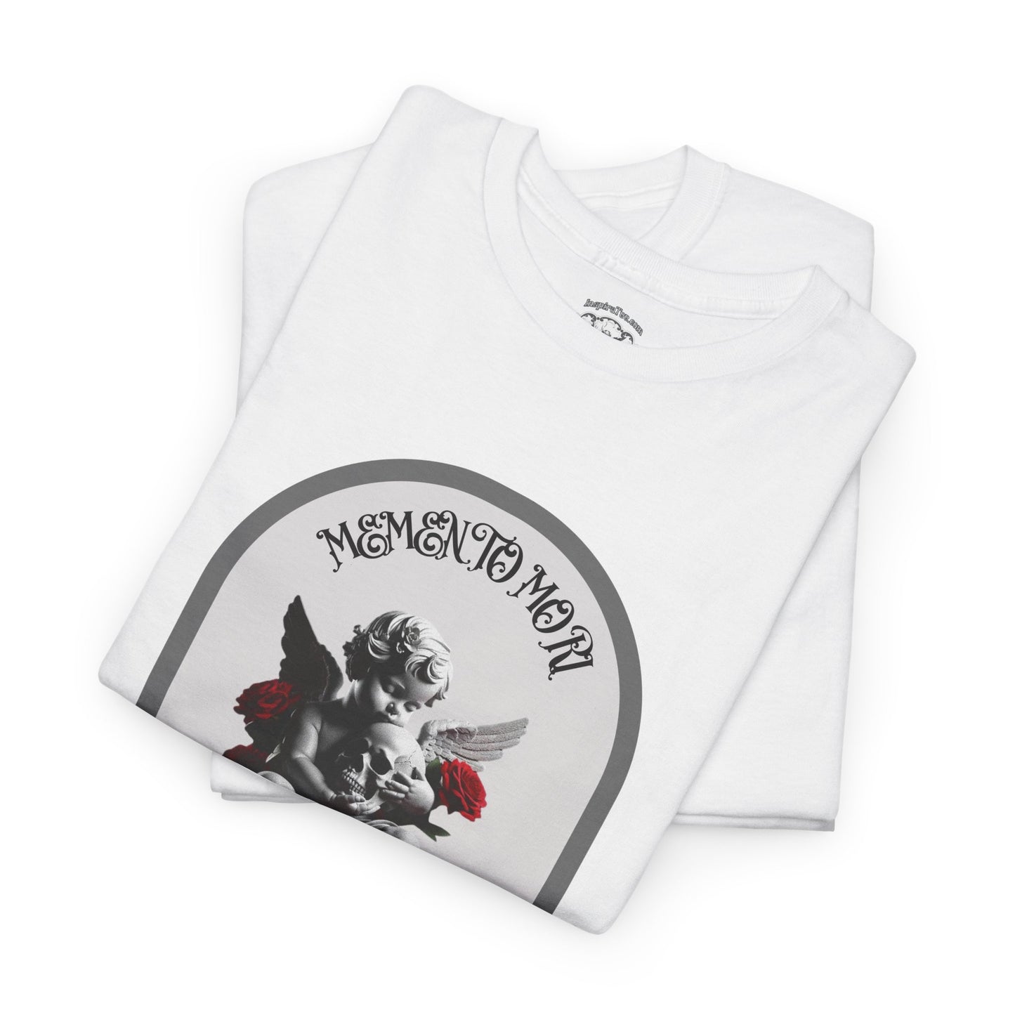 White t-shirt with 'Memento Mori' design on a white background