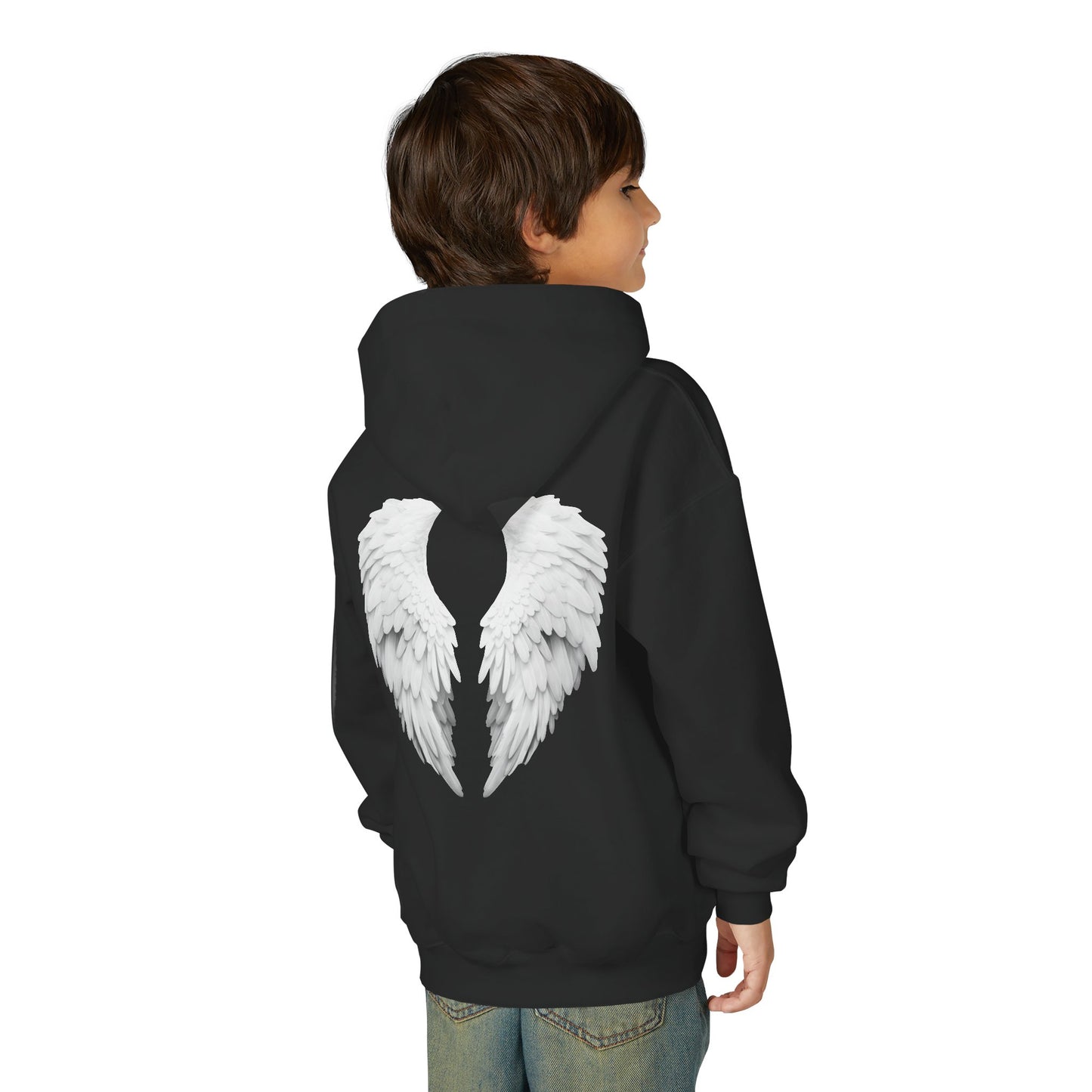 Child wearing a black hoodie with white angel wings on the back against a white background