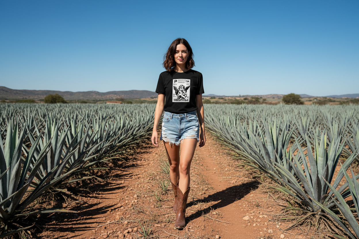 Person wearing a black t-shirt with a graphic design in front of a mountainous landscape