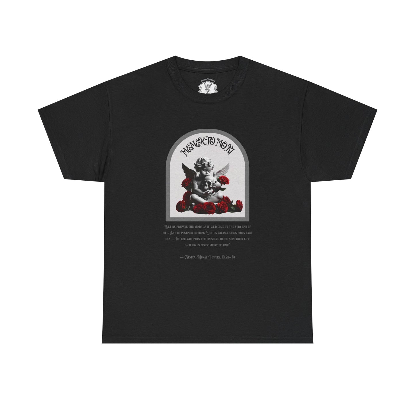 Black t-shirt with graphic design on a white background