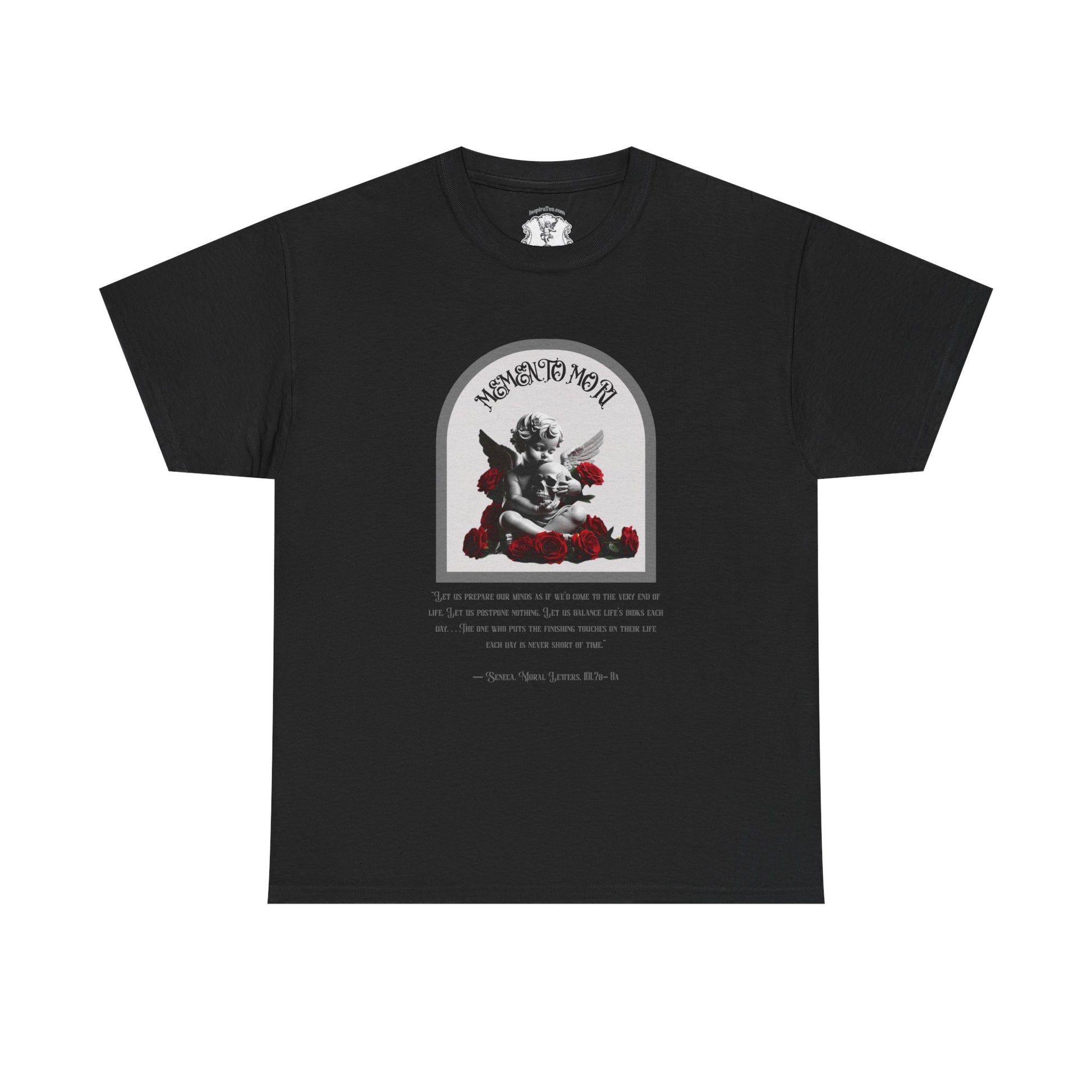 Black t-shirt with graphic design on a white background