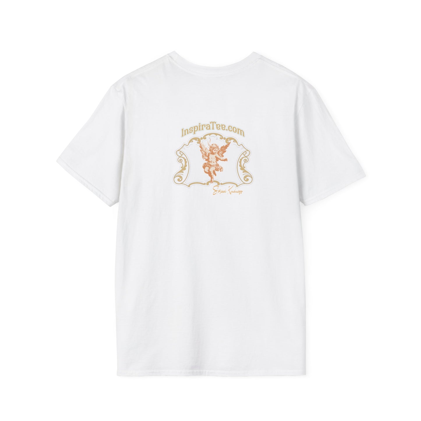 White t-shirt with gold logo and text on a white background