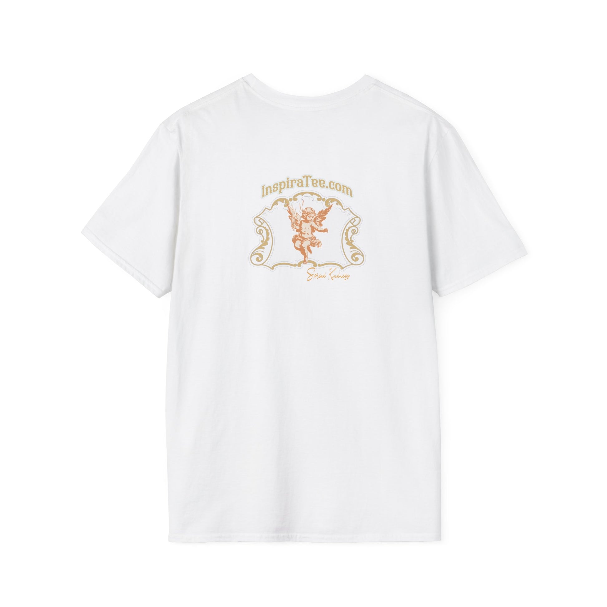 White t-shirt with gold logo and text on a white background