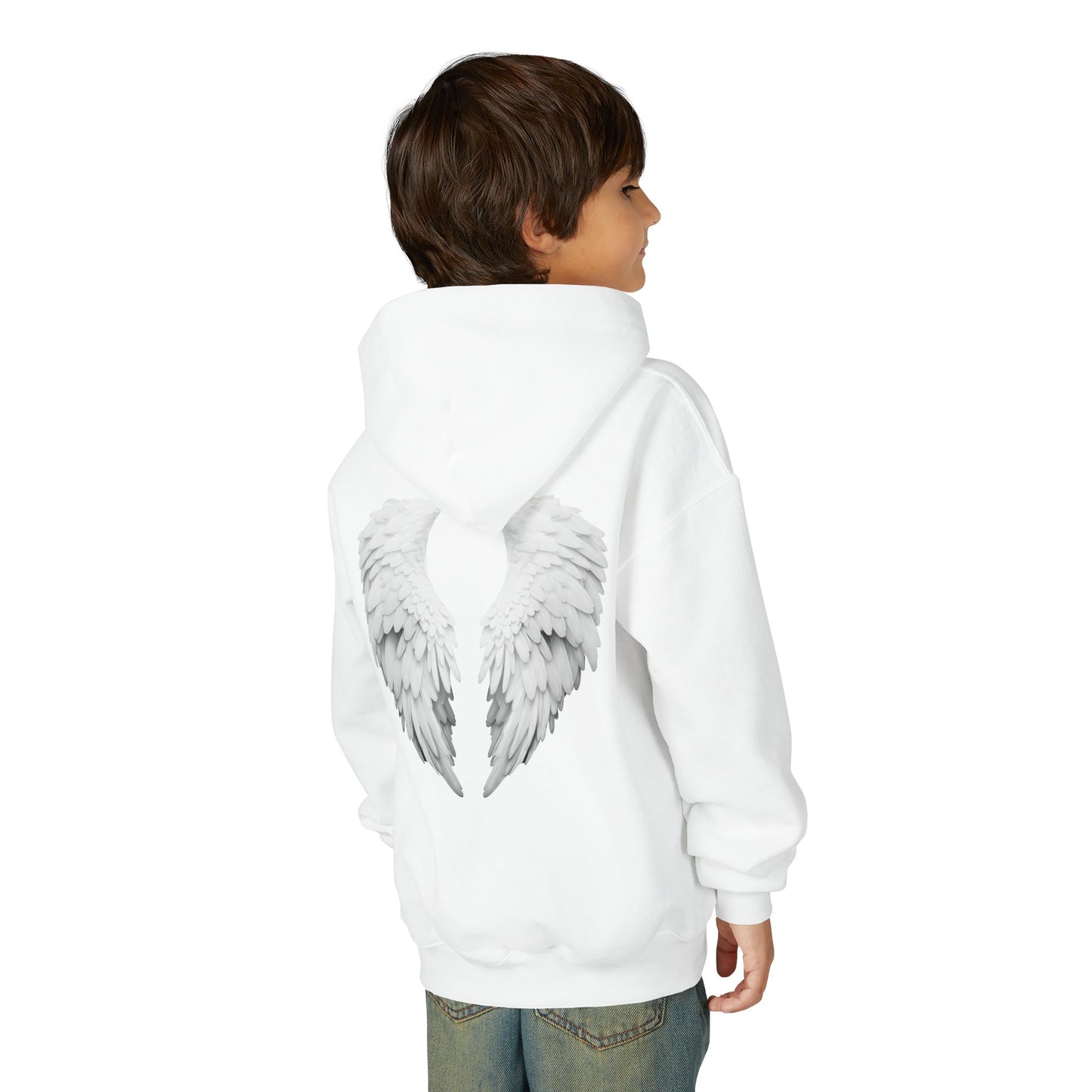 Child wearing a white hoodie with angel wings on the back against a white background