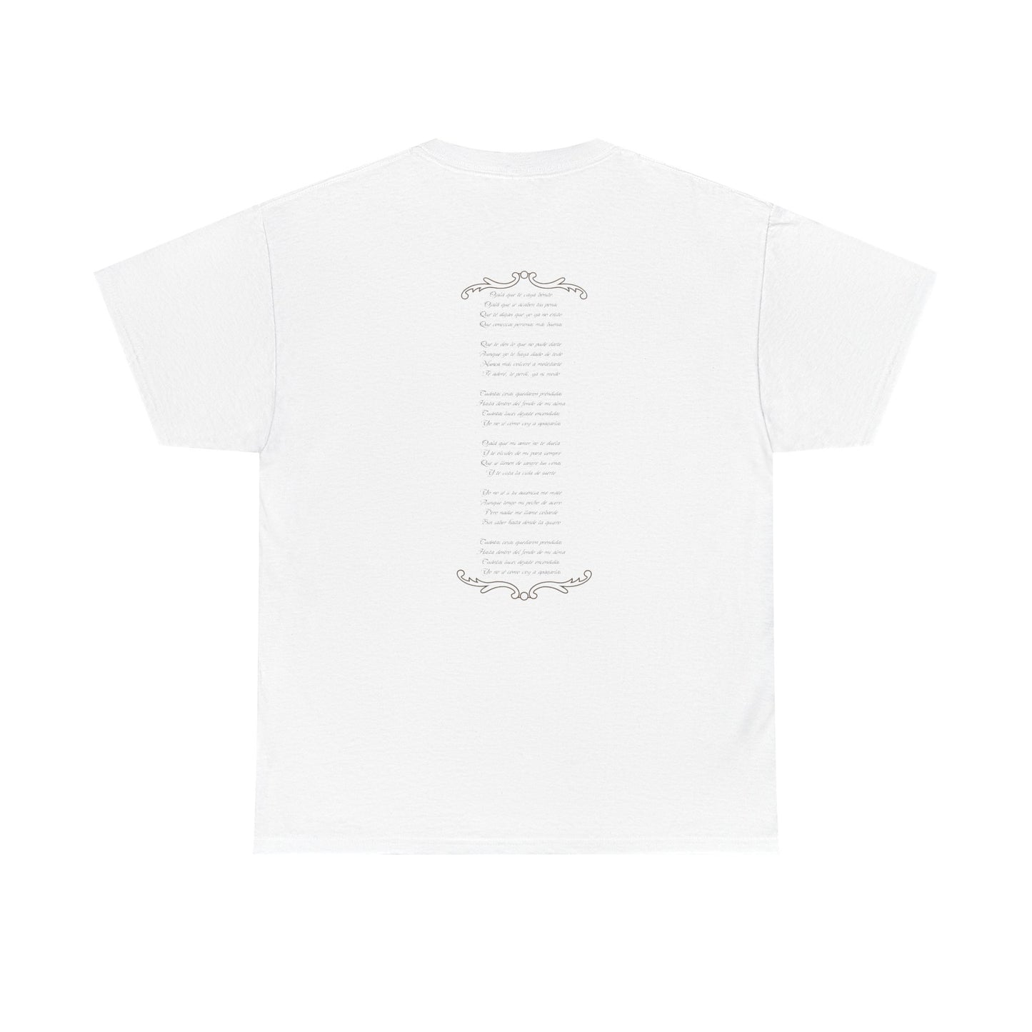 White t-shirt with text design on a white background