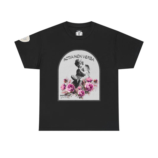 Black t-shirt with angel and floral design on a white background