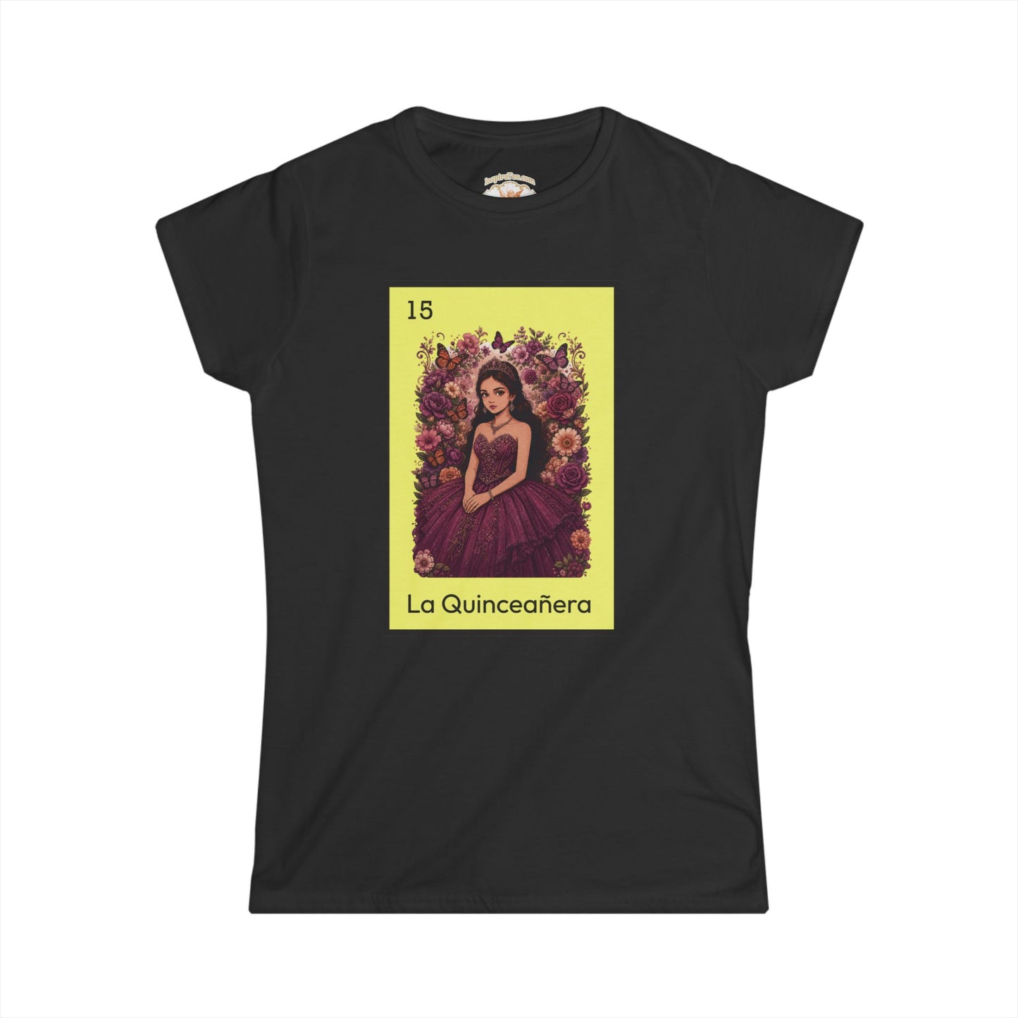 Black t-shirt with 'La Quinceáánéra' design featuring a girl in a purple dress and flowers on a yellow background.