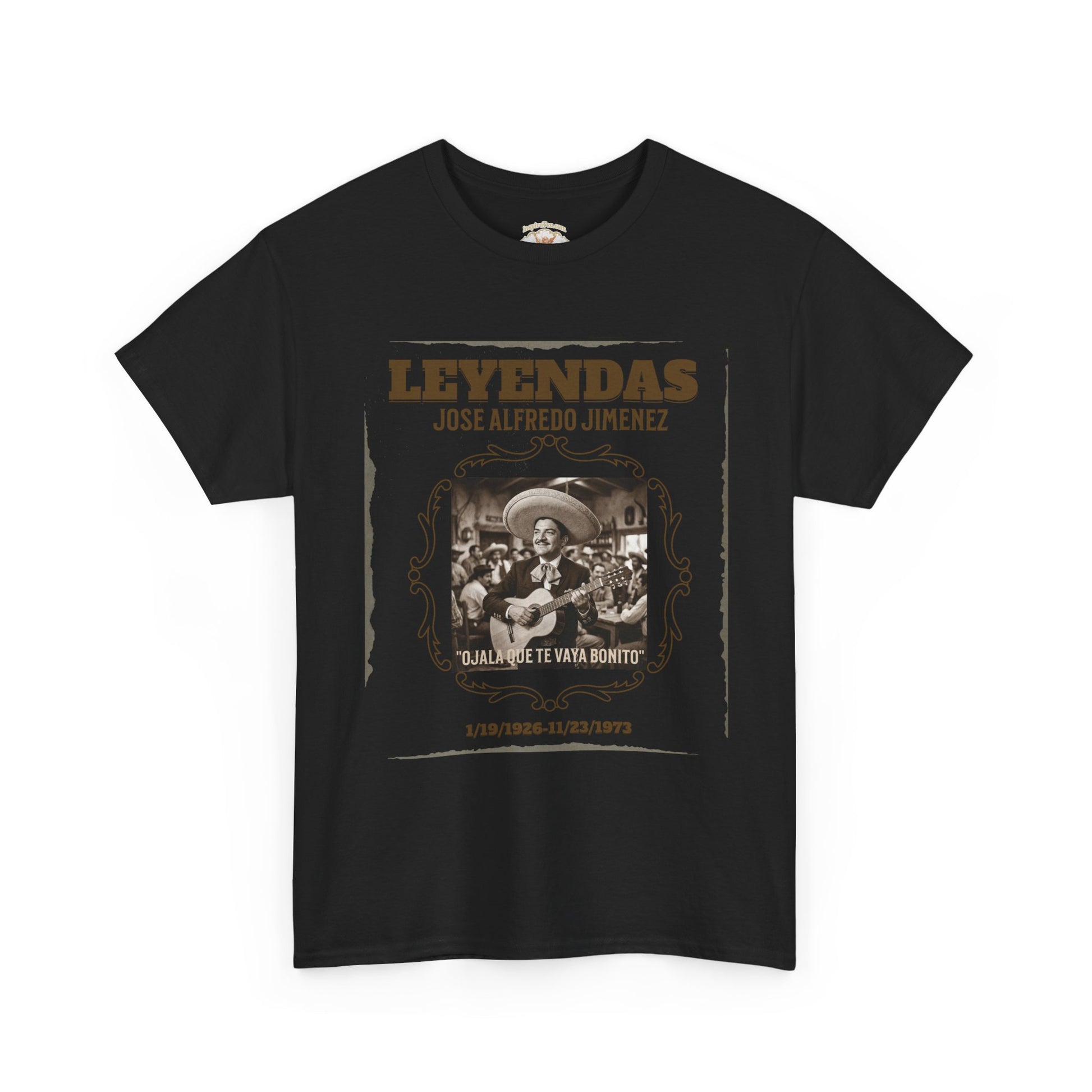 Black t-shirt with 'Levendas' graphic design featuring a photo and text on a white background