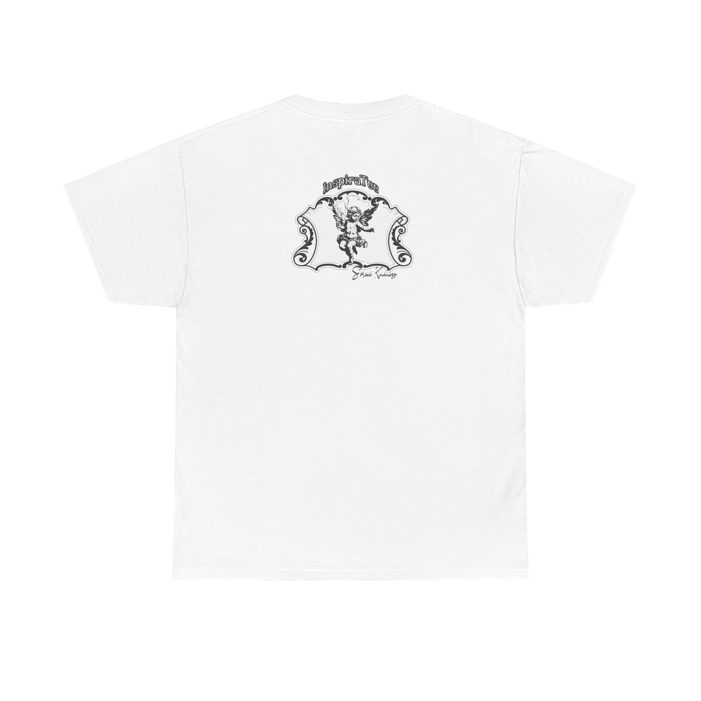 White t-shirt with black graphic design on a white background