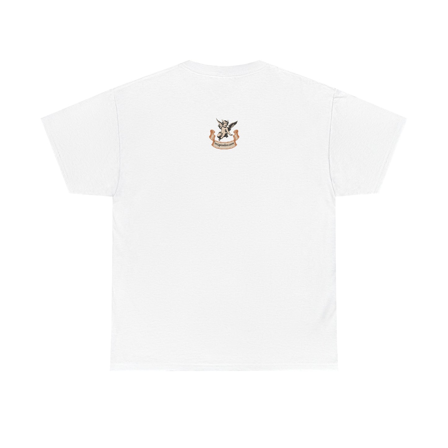 White t-shirt with a small logo on a white background