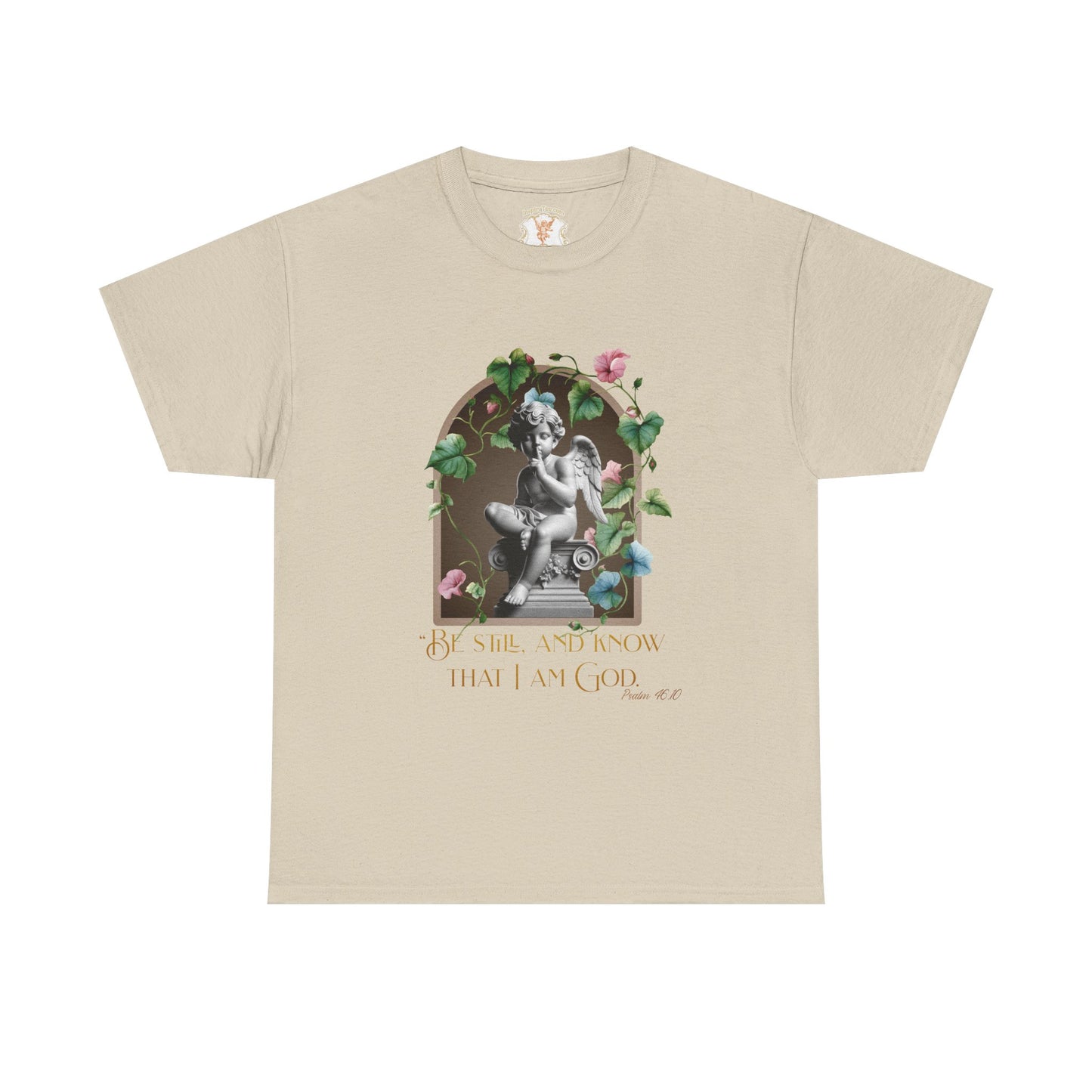Beige t-shirt with classical design and text on a white background