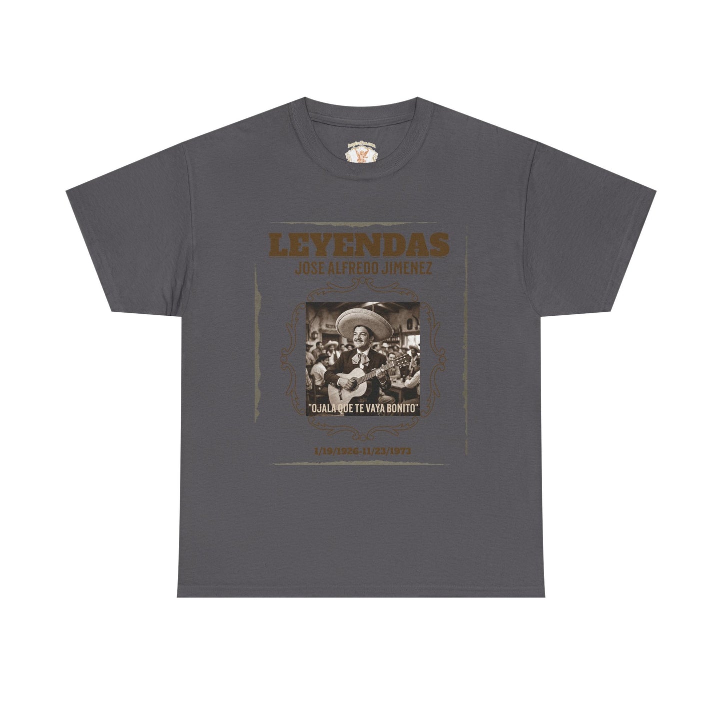 Gray t-shirt with graphic design and text on a white background