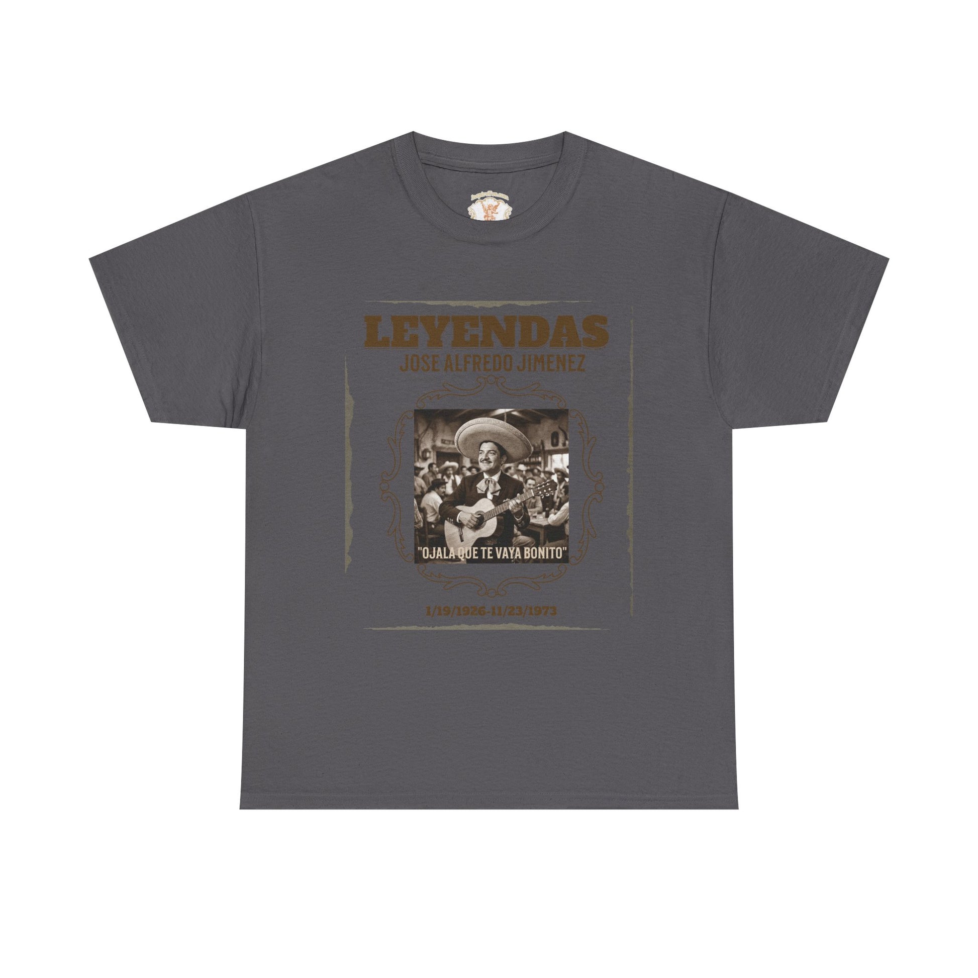 Gray t-shirt with graphic design and text on a white background