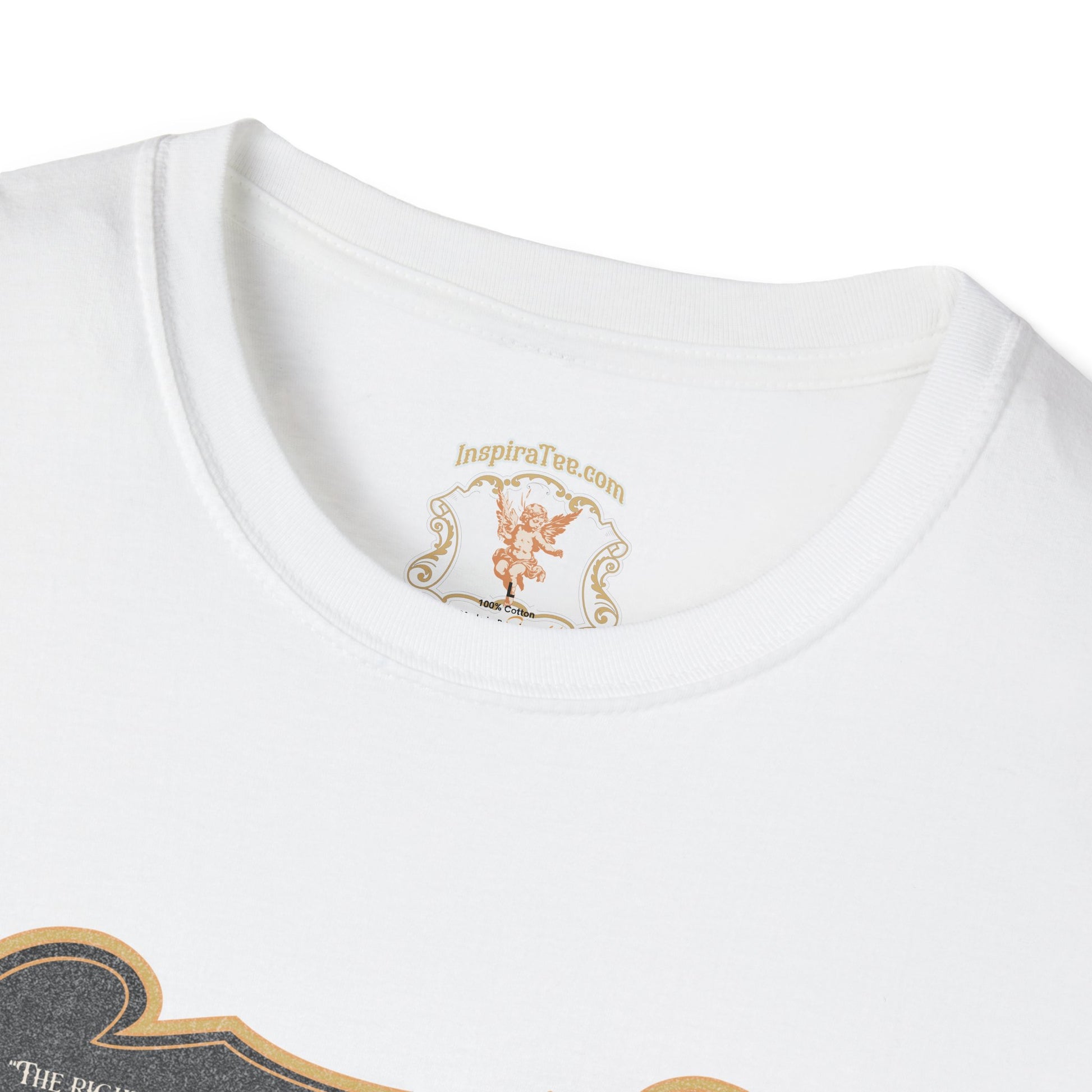 White t-shirt with gold and orange design on a white background