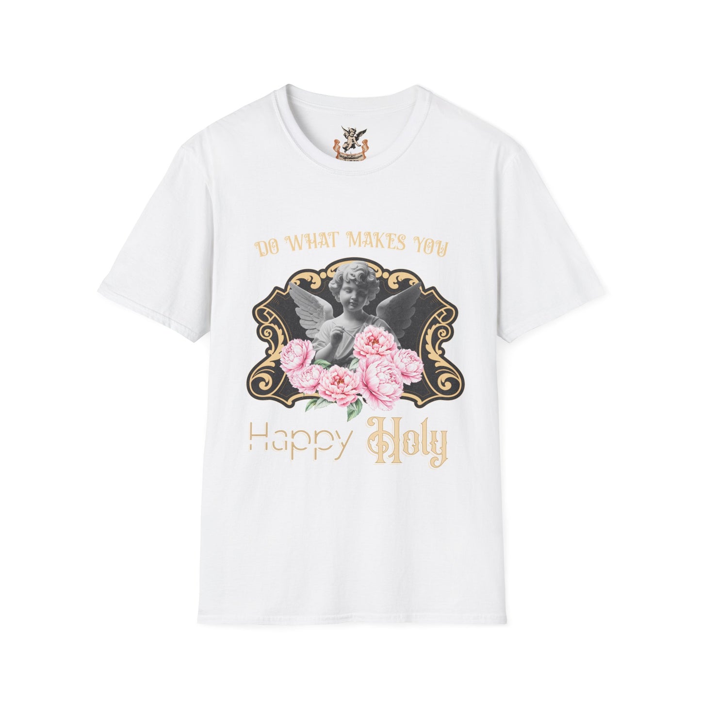 White t-shirt with graphic design featuring a dog, flowers, and text on a white background