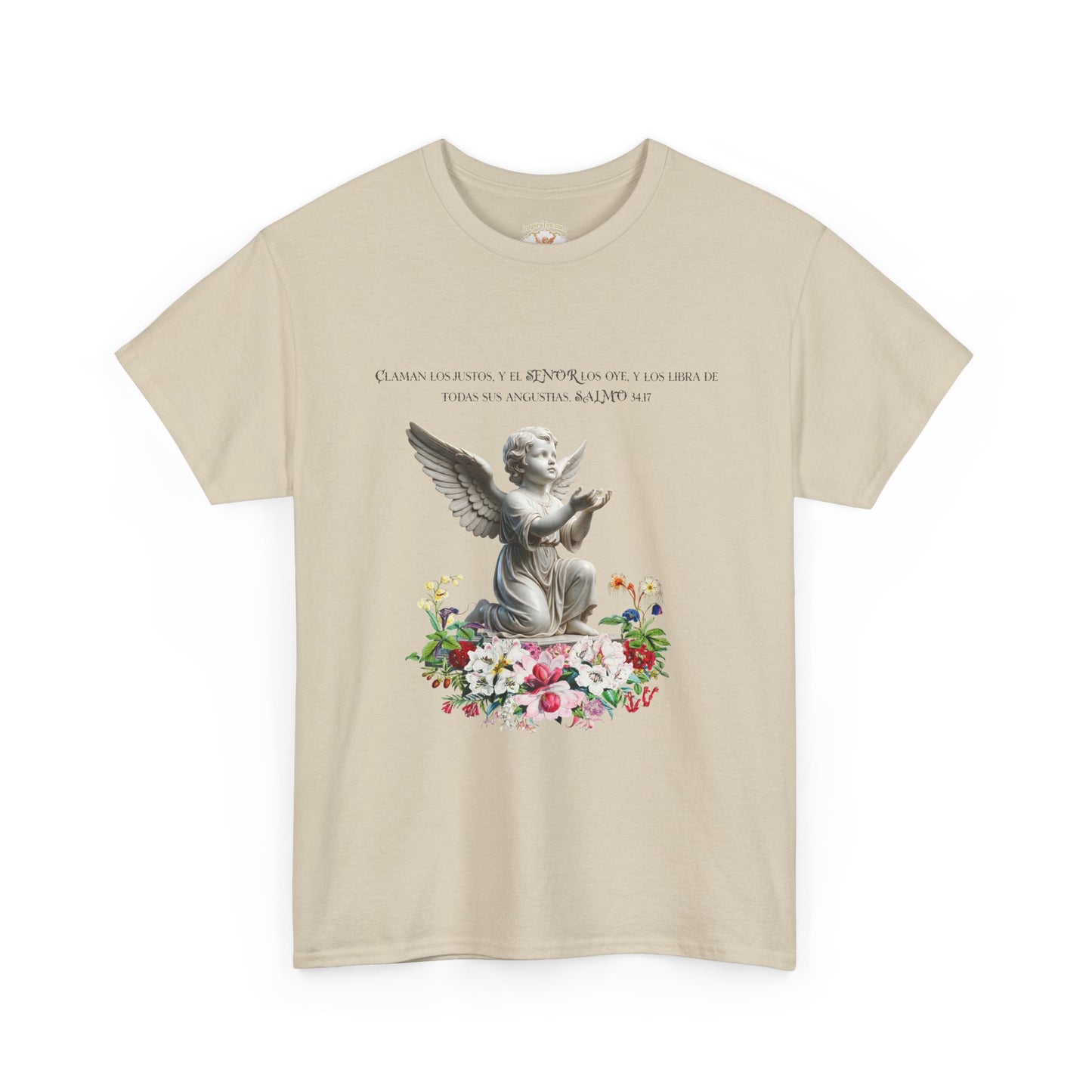 Beige t-shirt with an angel and floral design on a white background