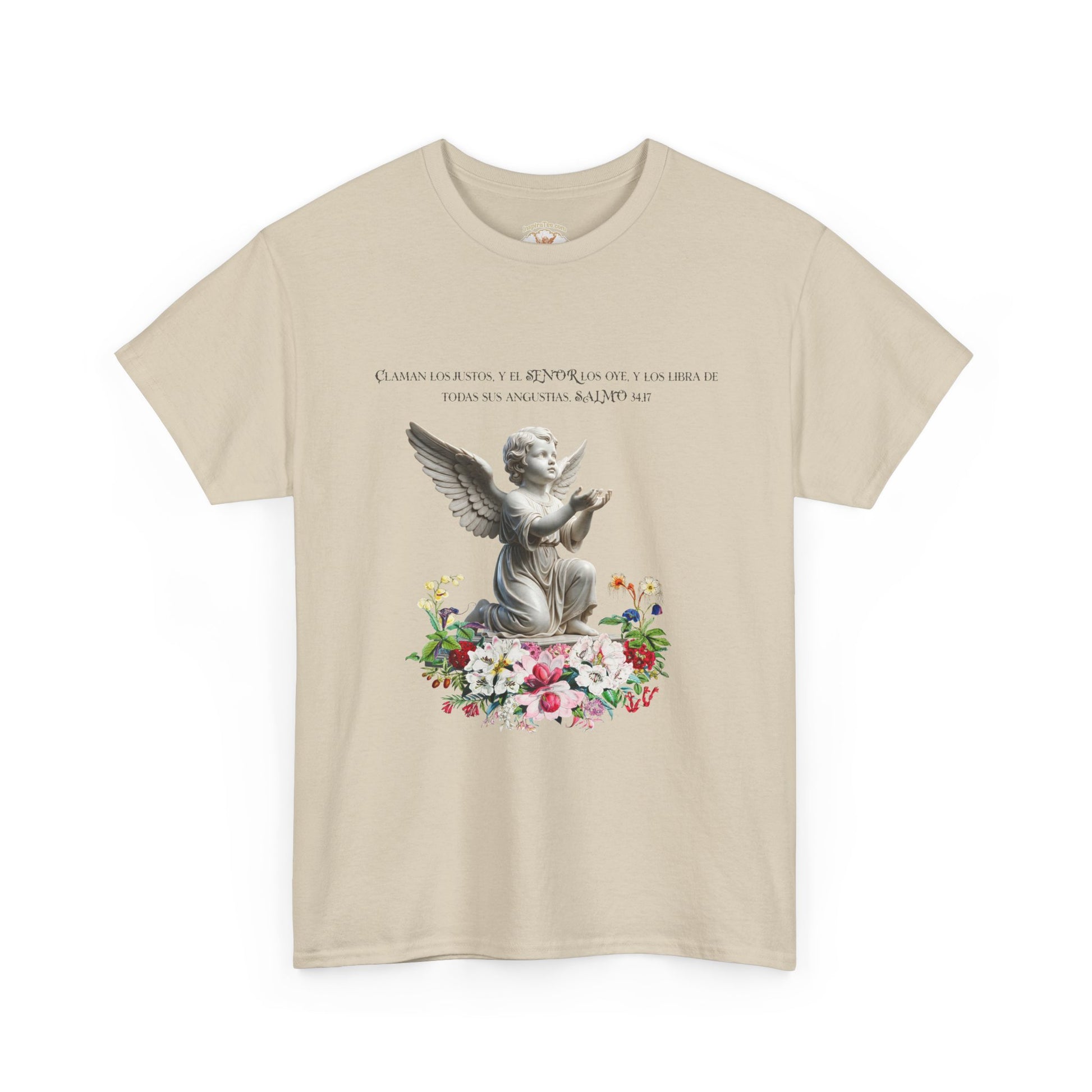 Beige t-shirt with an angel and floral design on a white background