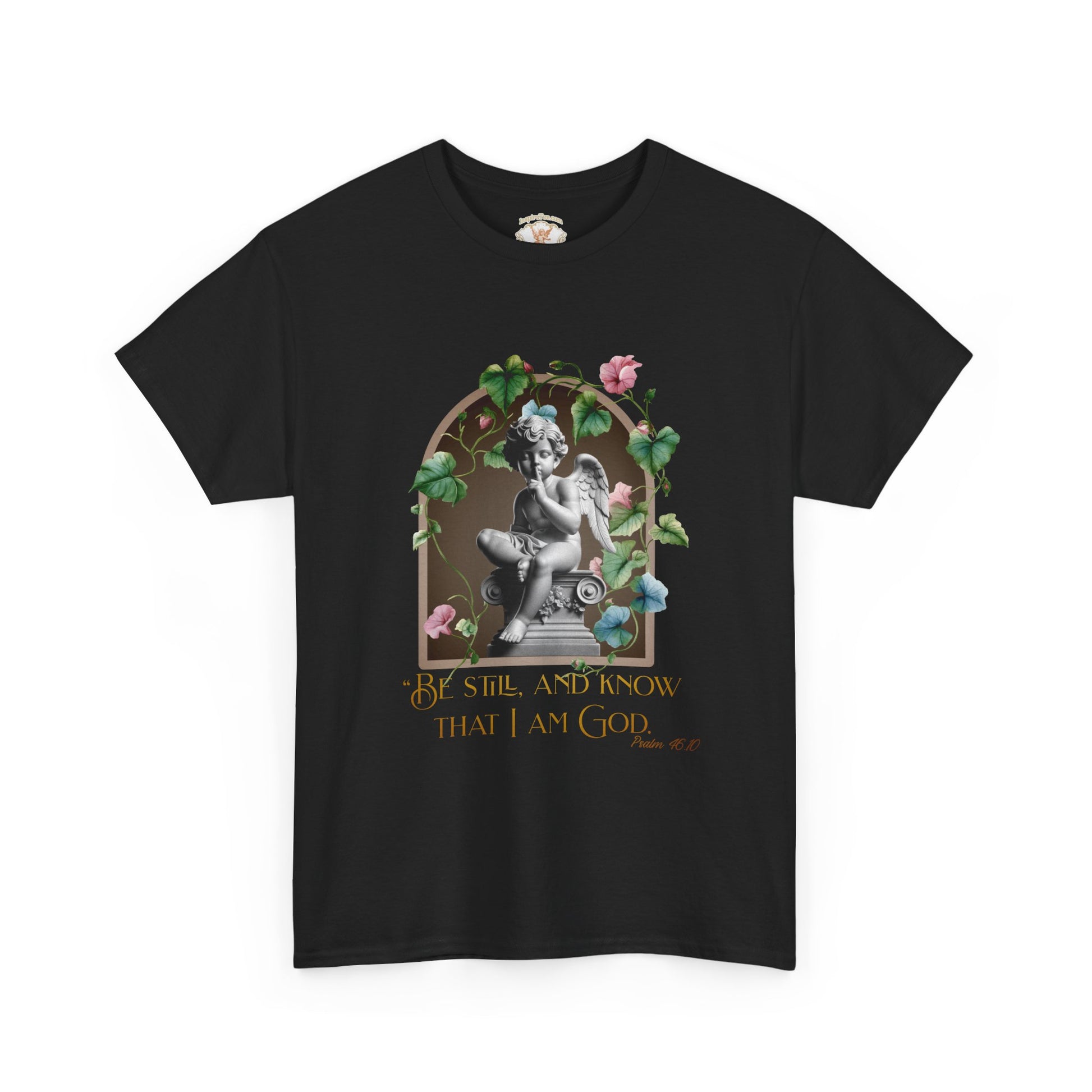 Black t-shirt with classical statue and floral design on a white background