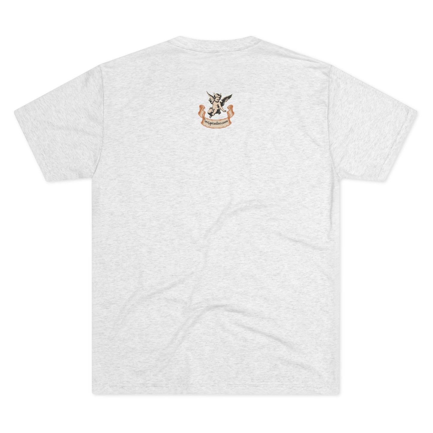 White t-shirt with a logo on the back against a white background
