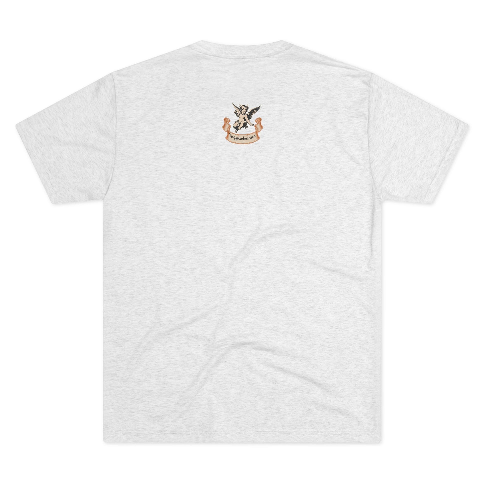 White t-shirt with a logo on the back against a white background