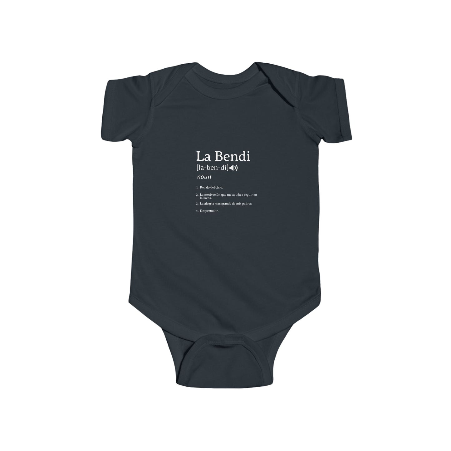 Navy blue baby onesie with 'La Bendi' text on a white background