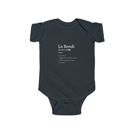 Navy blue baby onesie with 'La Bendi' text on a white background