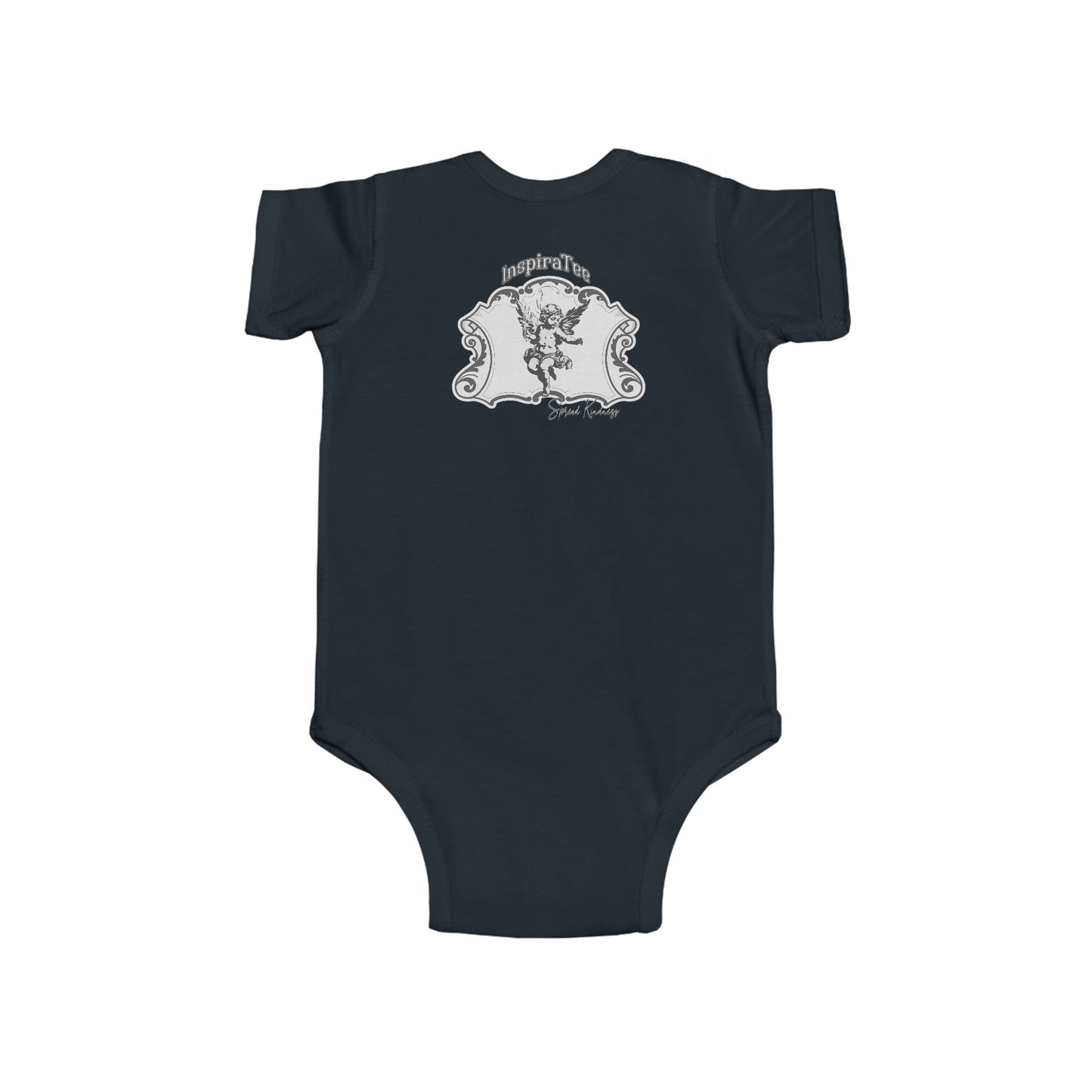 Black baby onesie with a white logo on a white background