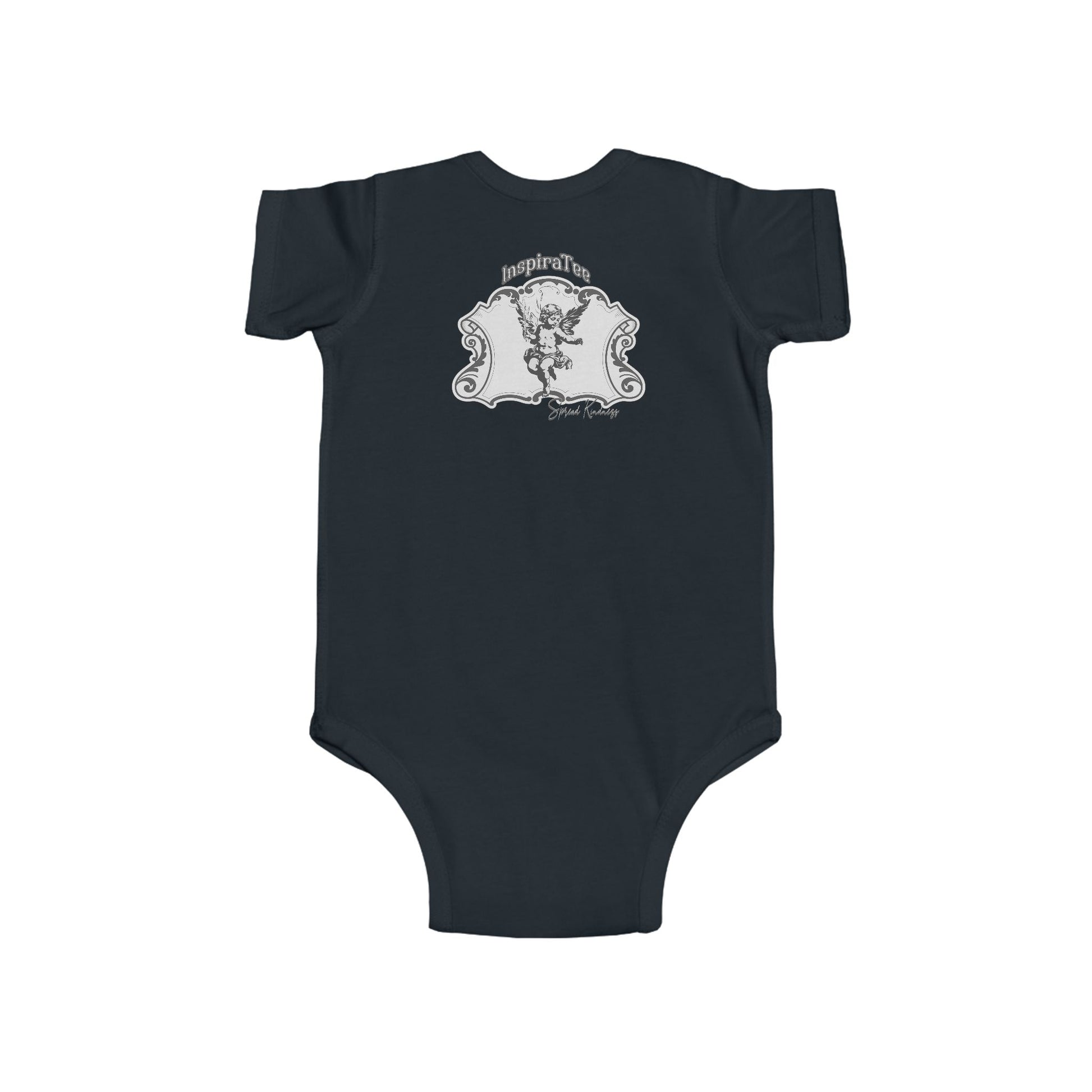 Black baby onesie with a white logo on a white background