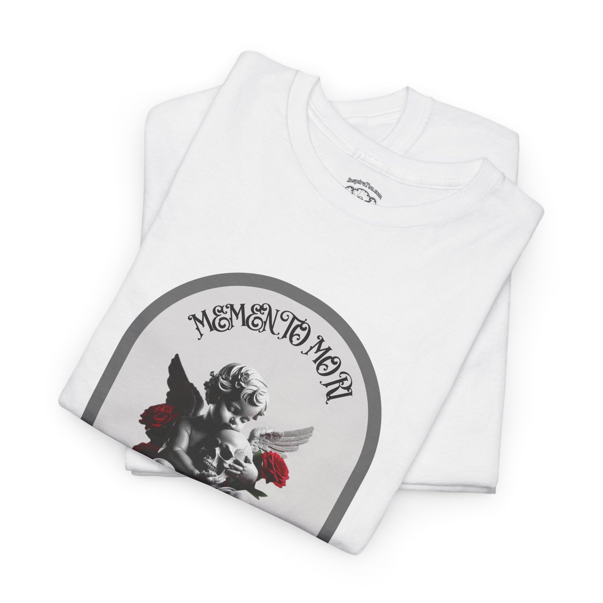 White t-shirt with 'Memento Mori' design on a white background