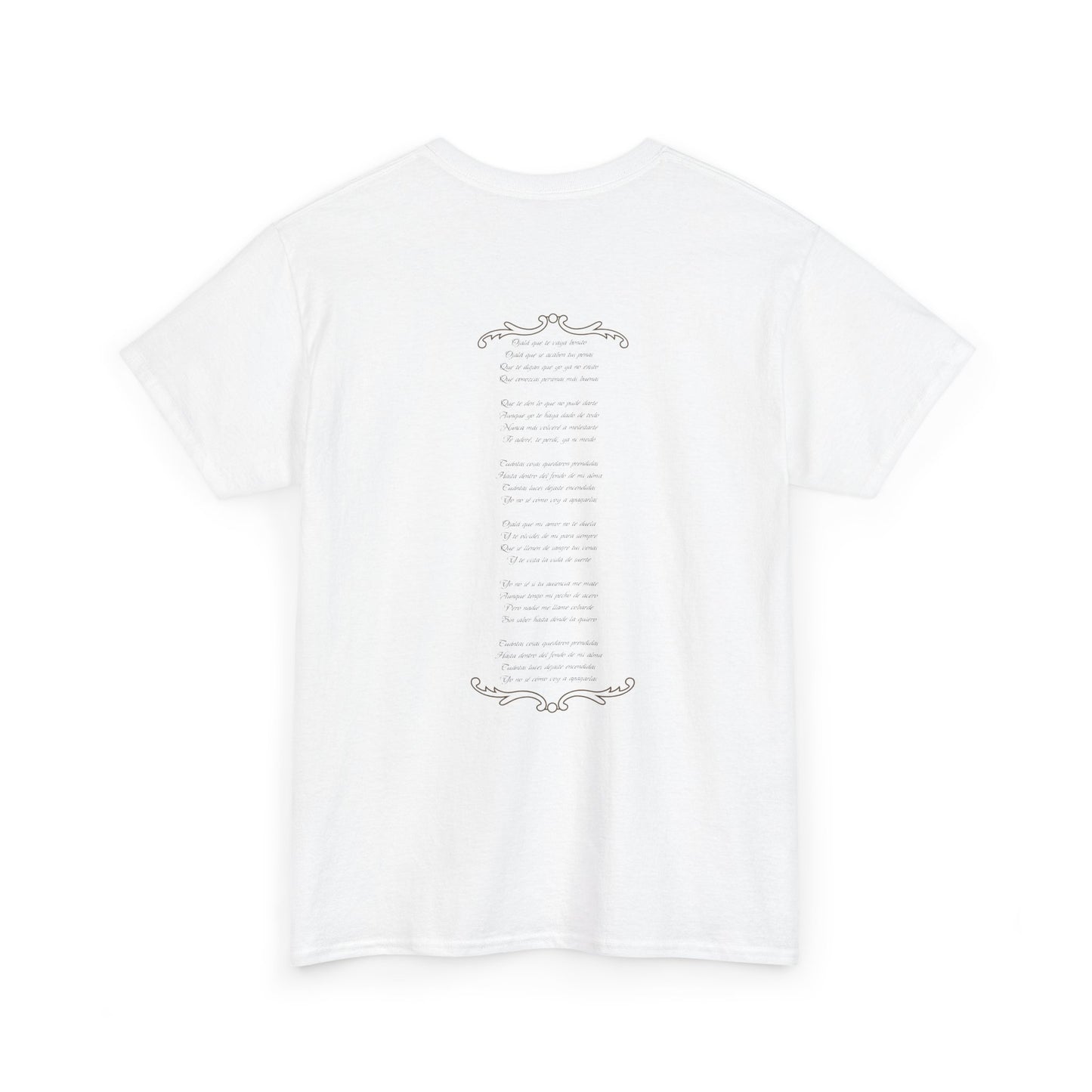 White t-shirt with text and decorative elements on a white background