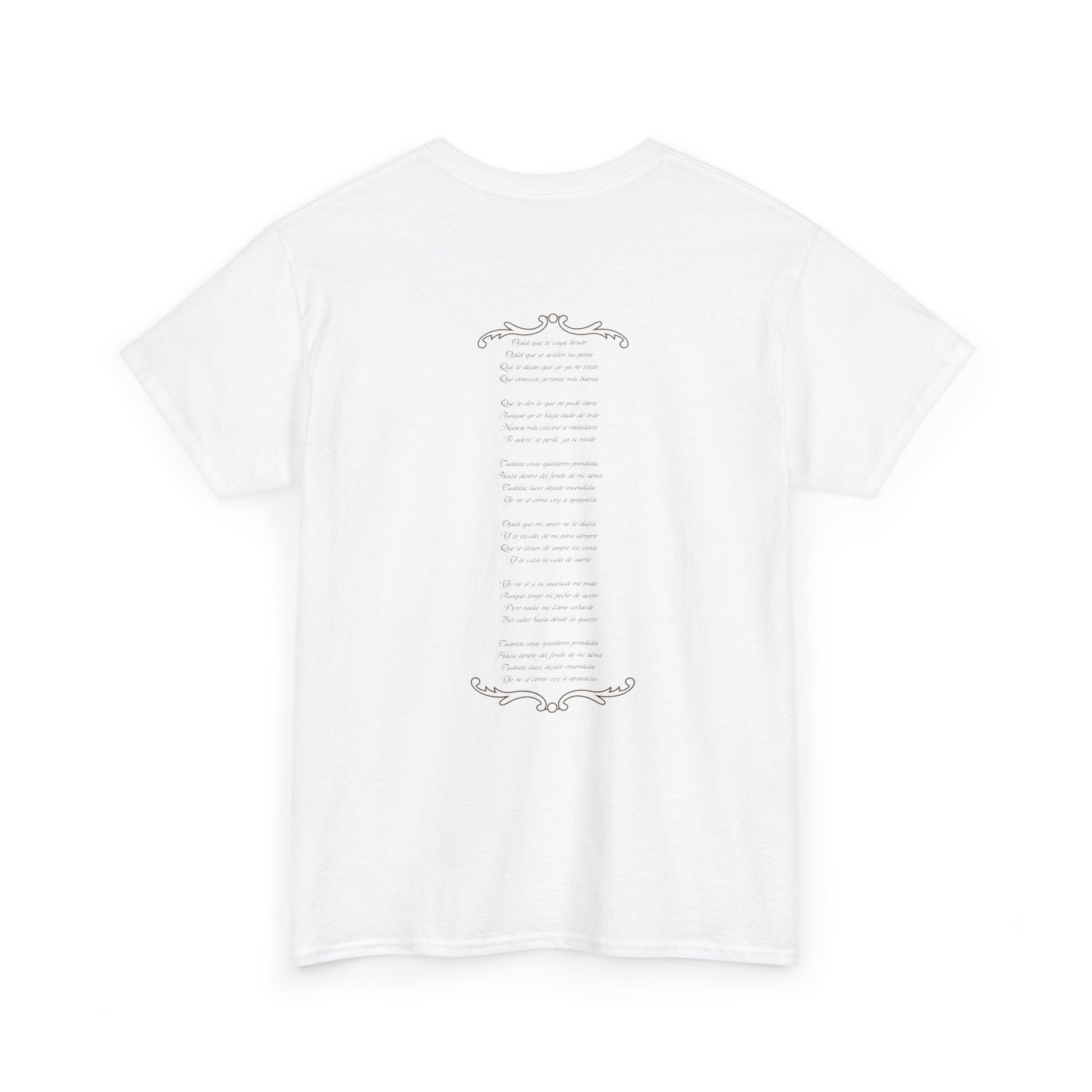 White t-shirt with text and decorative elements on a white background