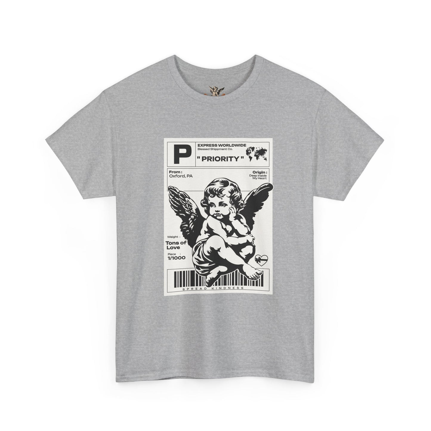 Gray t-shirt with a graphic design of an angel on a white background