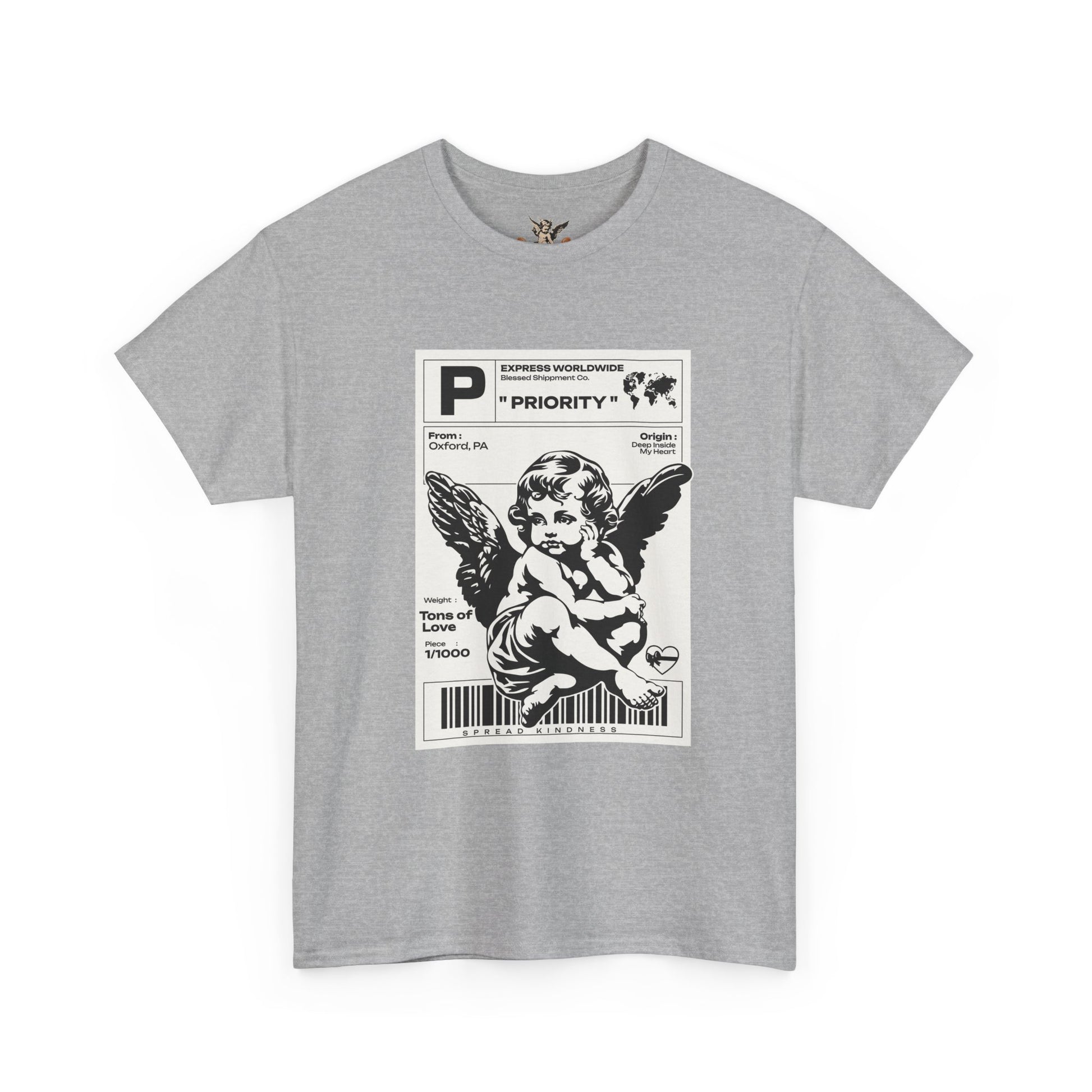 Gray t-shirt with a graphic design of an angel on a white background