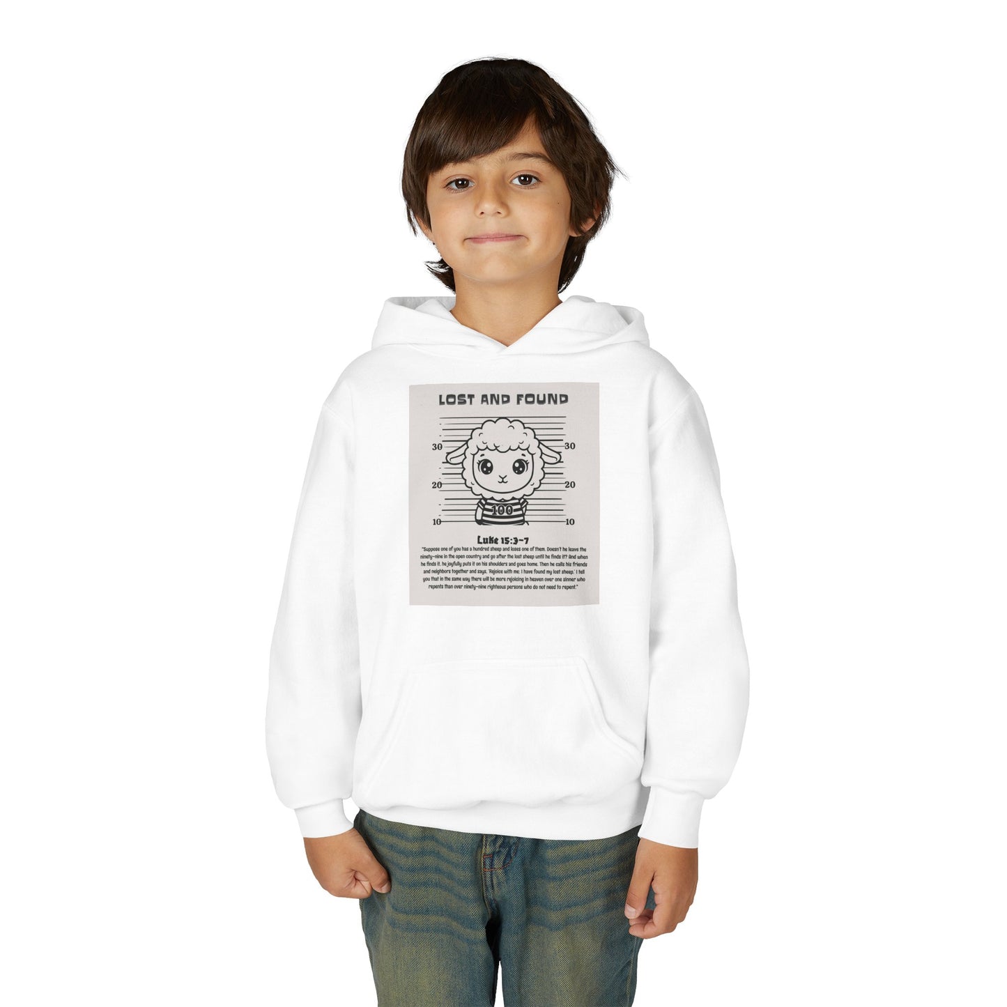 Child wearing a white hoodie with a graphic design on a white background
