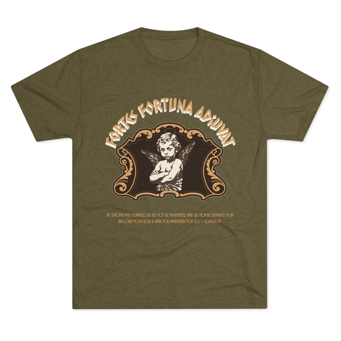 Green t-shirt with vintage-style graphic and text on a white background
