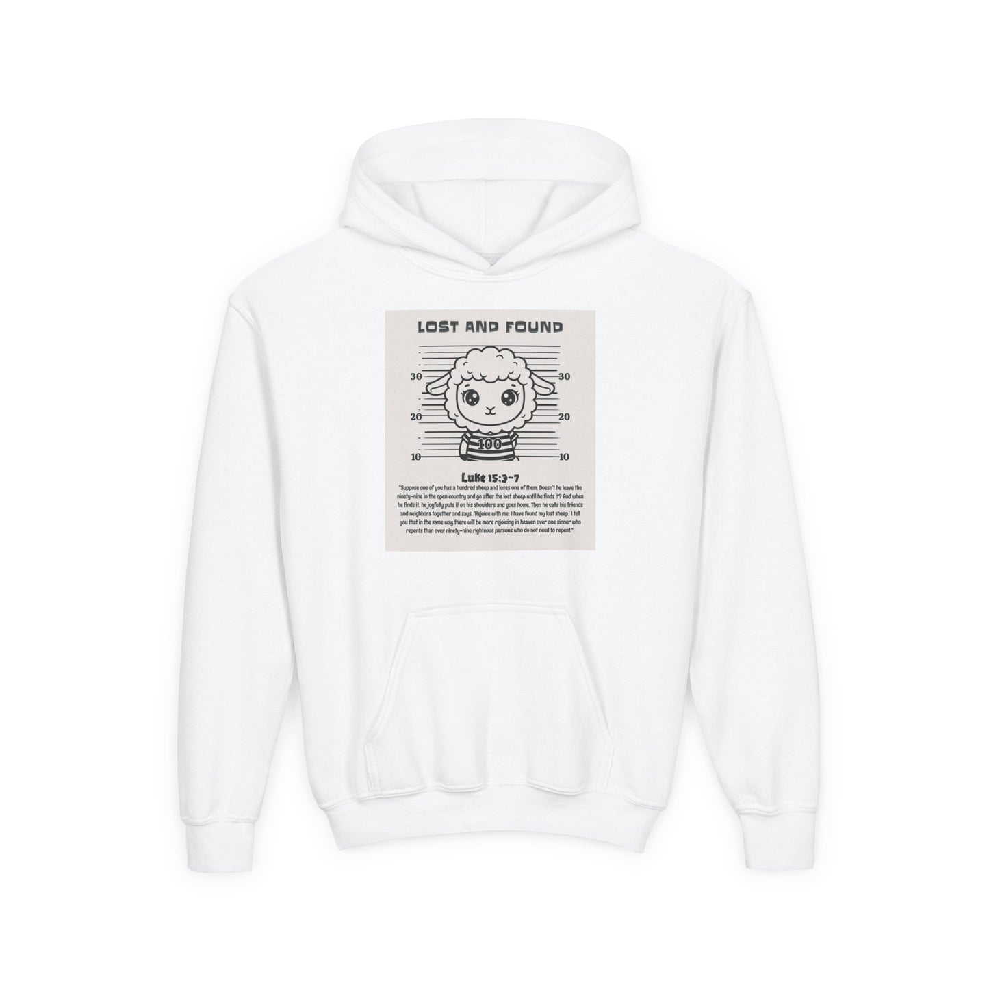 White hoodie with a graphic design on the chest featuring text and an illustration.