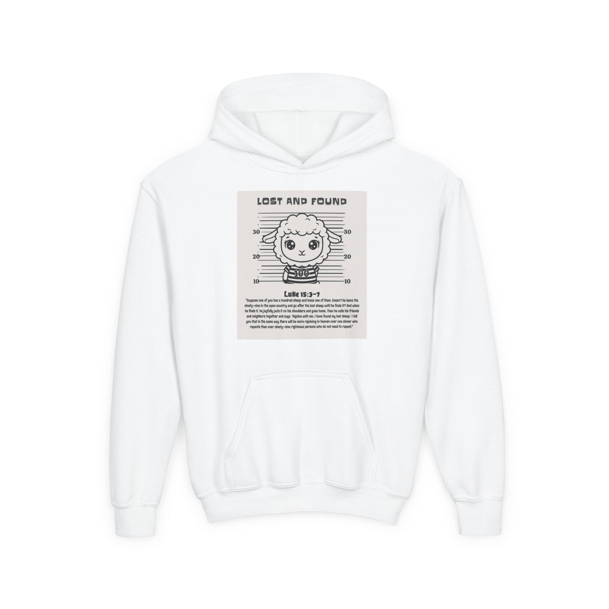 White hoodie with a graphic design on the chest featuring text and an illustration.