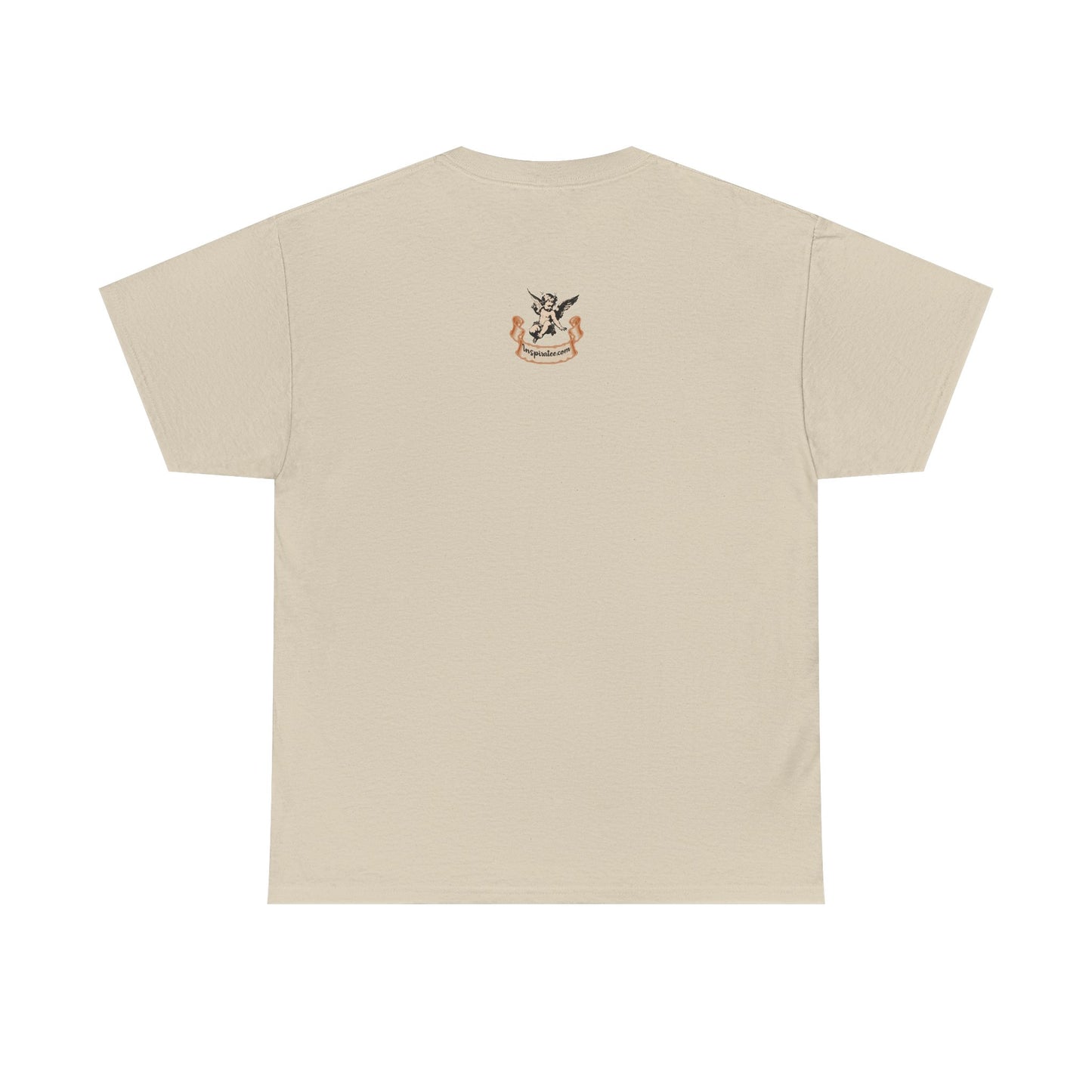 Beige t-shirt with text on the back on a white background