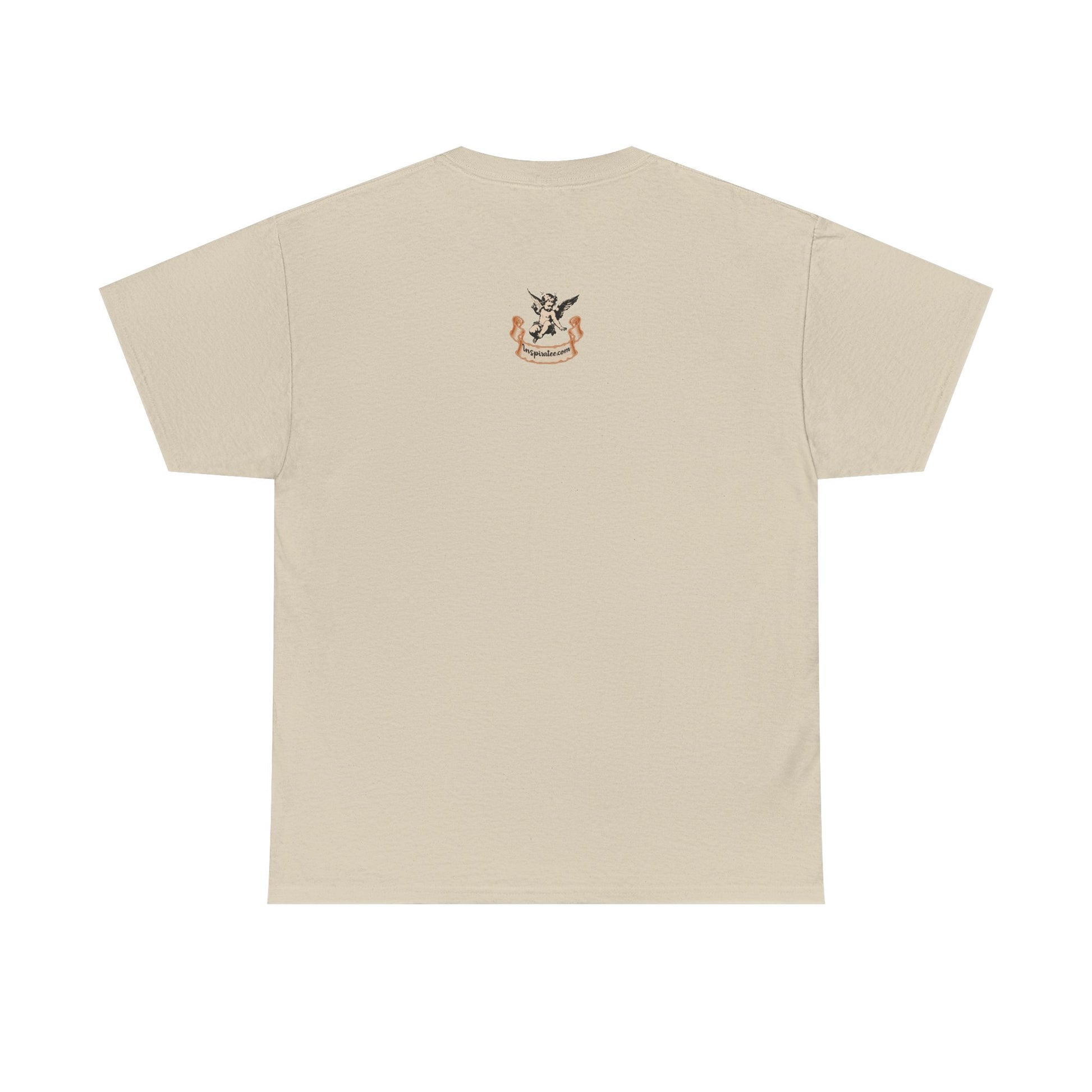 Beige t-shirt with text on the back on a white background