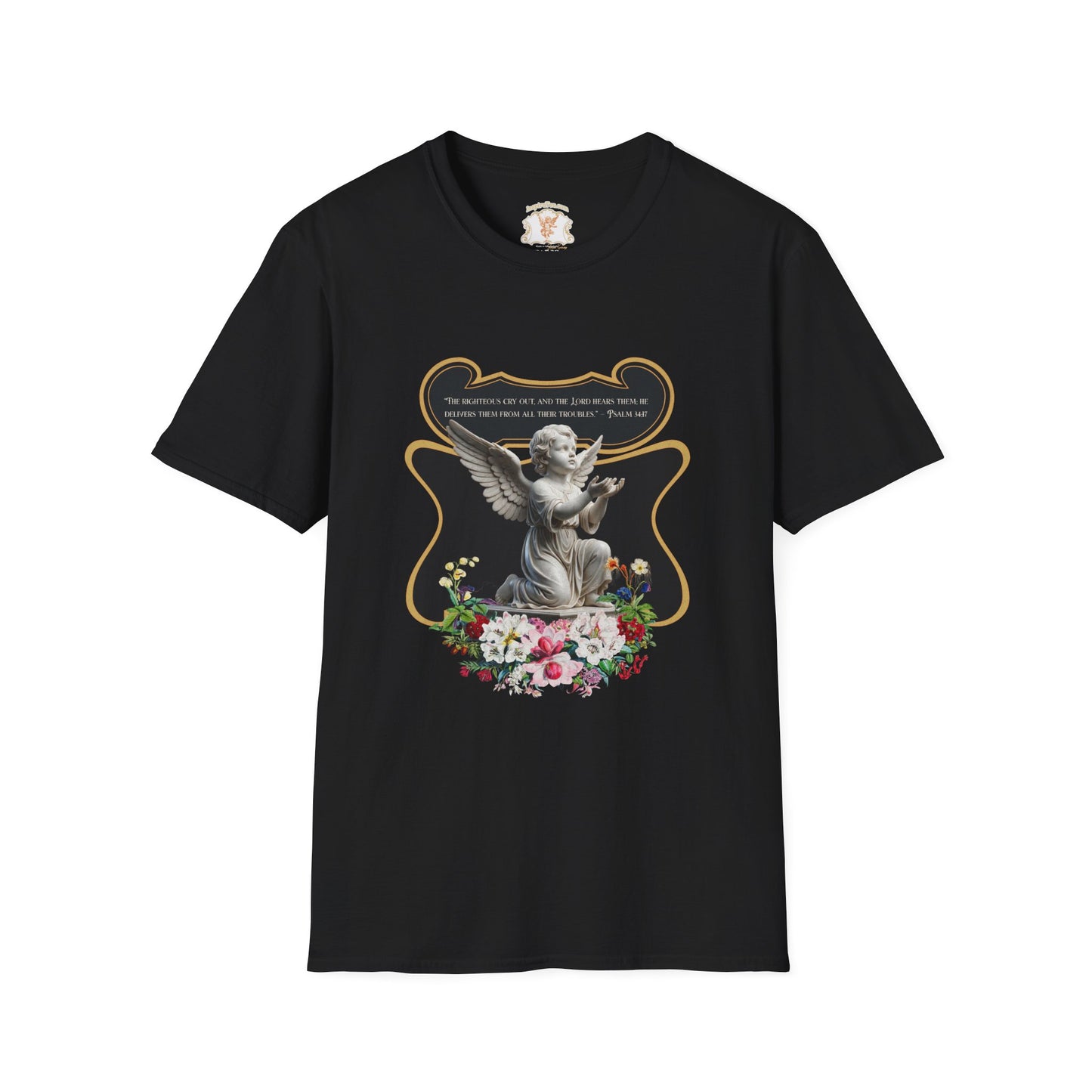 Black t-shirt with angel and floral design on a white background