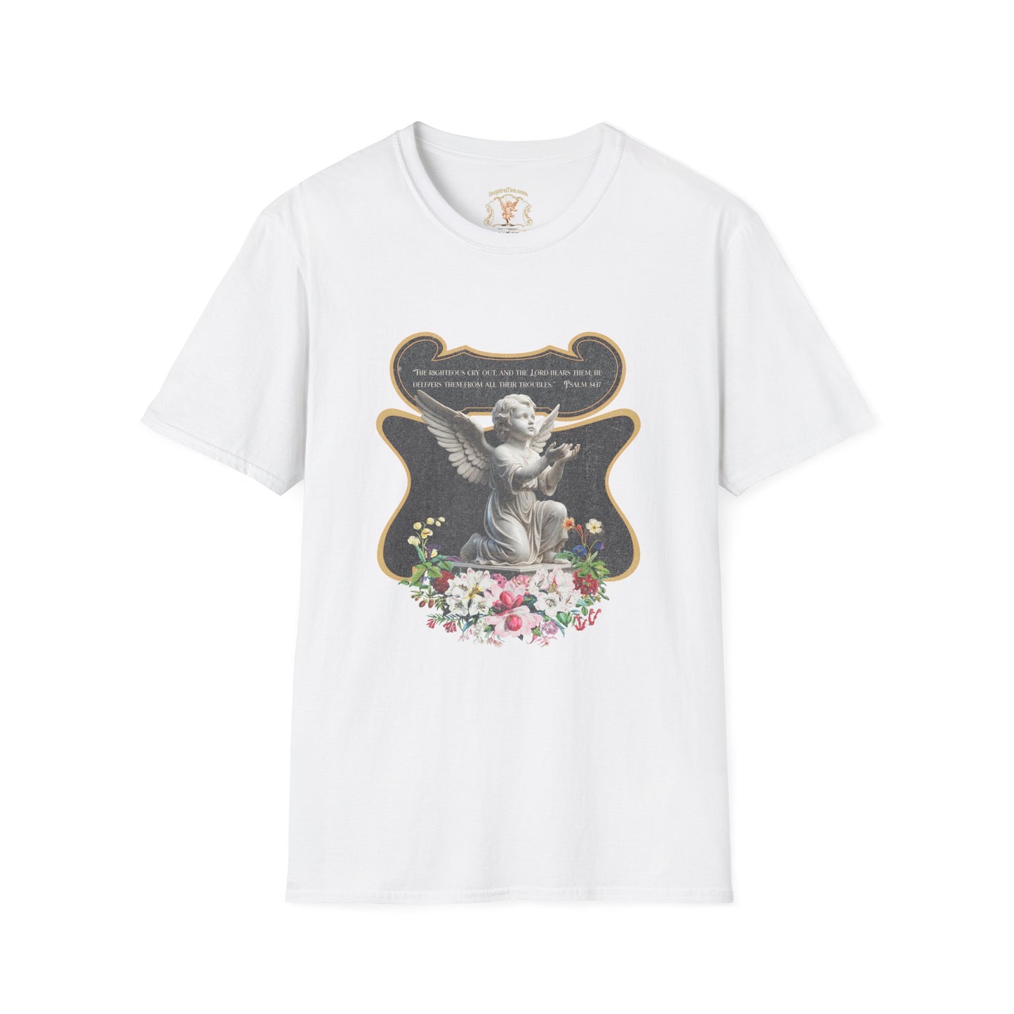 White t-shirt with angel graphic design on a white background