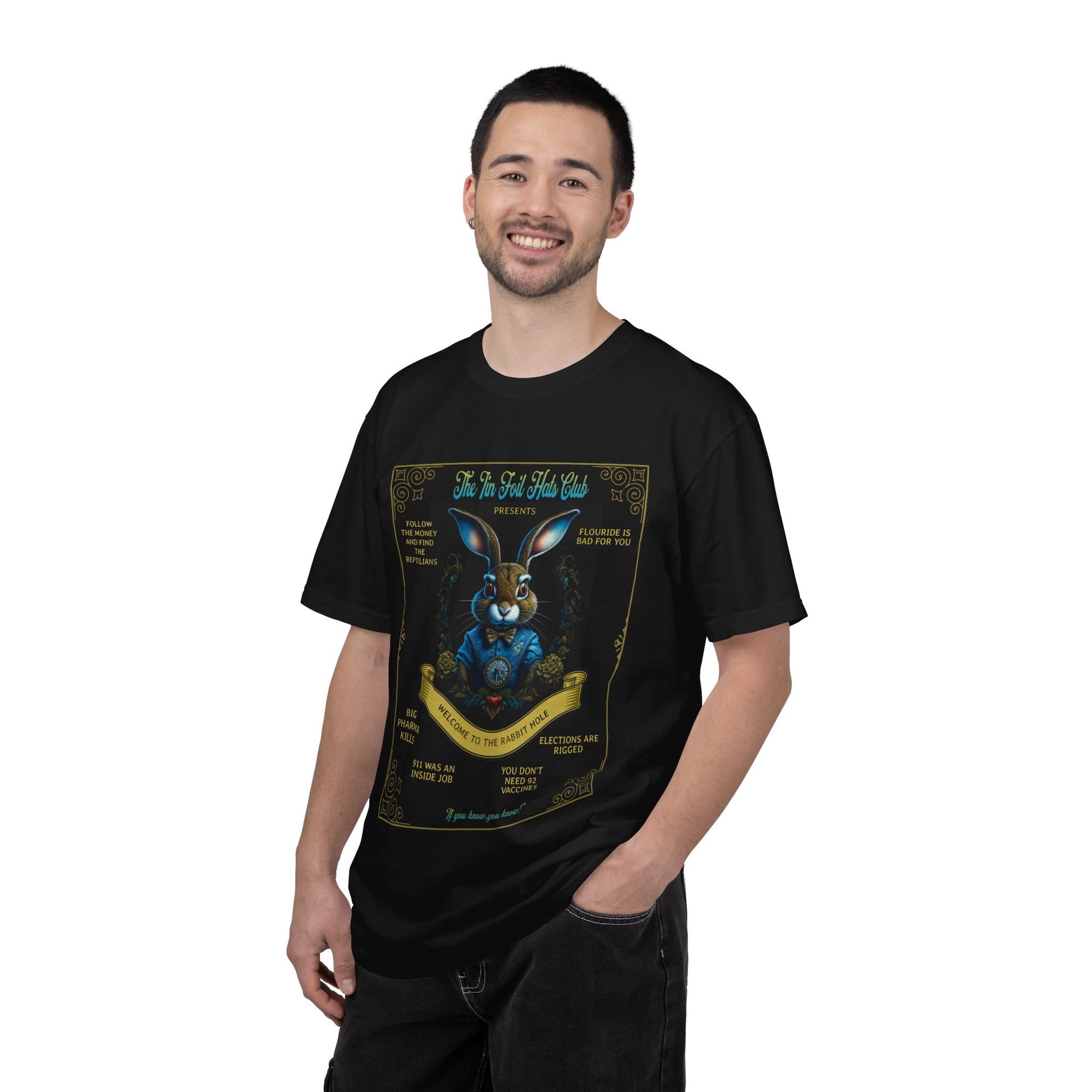Man wearing a black t-shirt with a graphic design on a white background