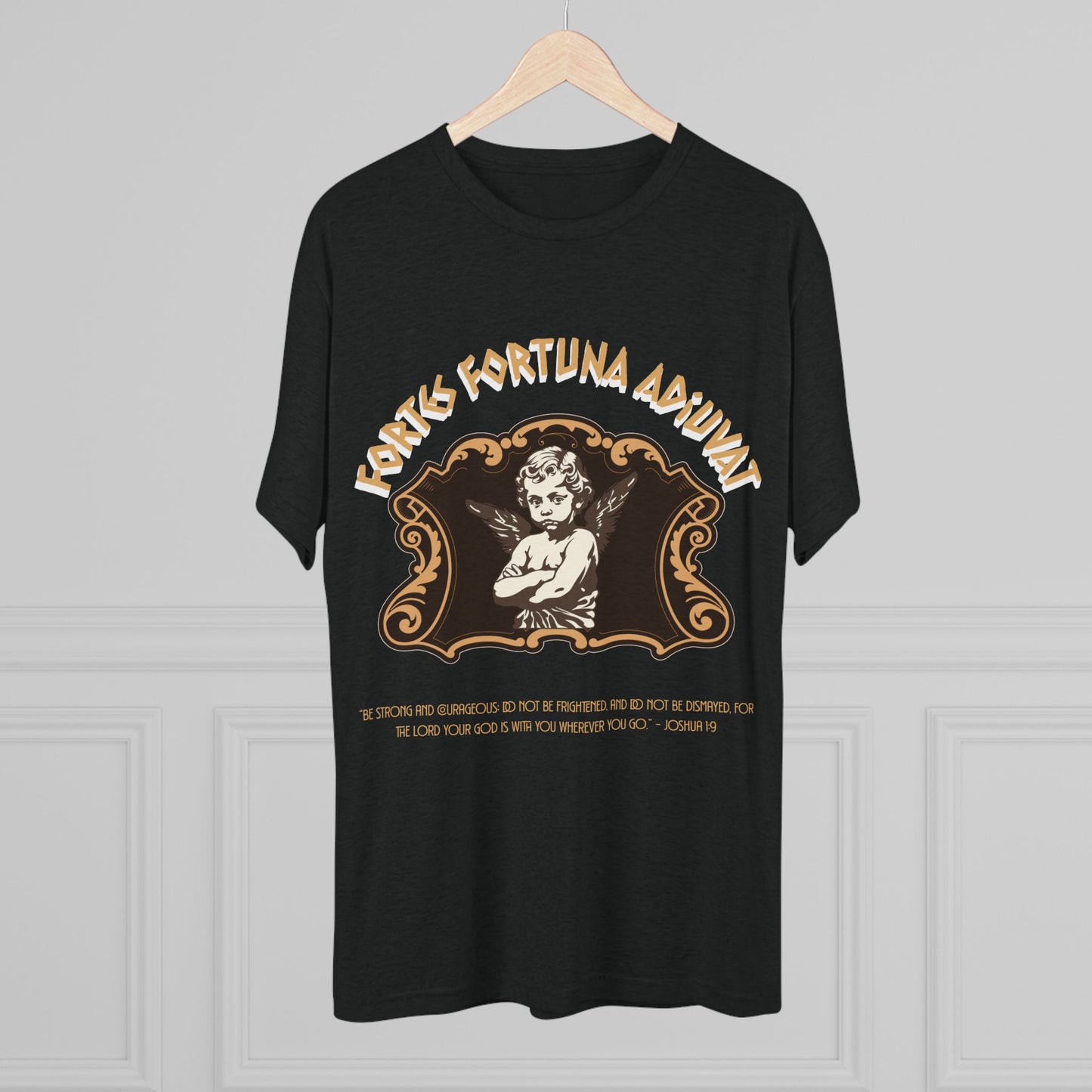 Black t-shirt with graphic design on a gray background