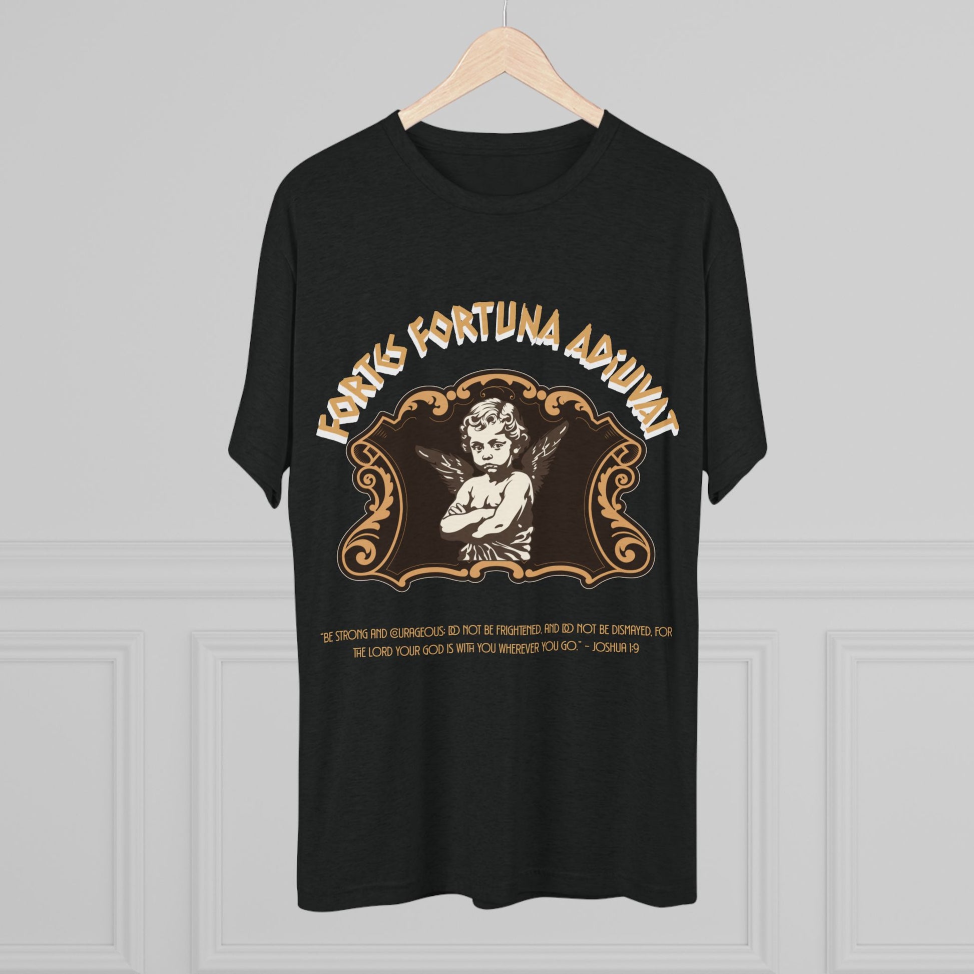 Black t-shirt with graphic design on a gray background