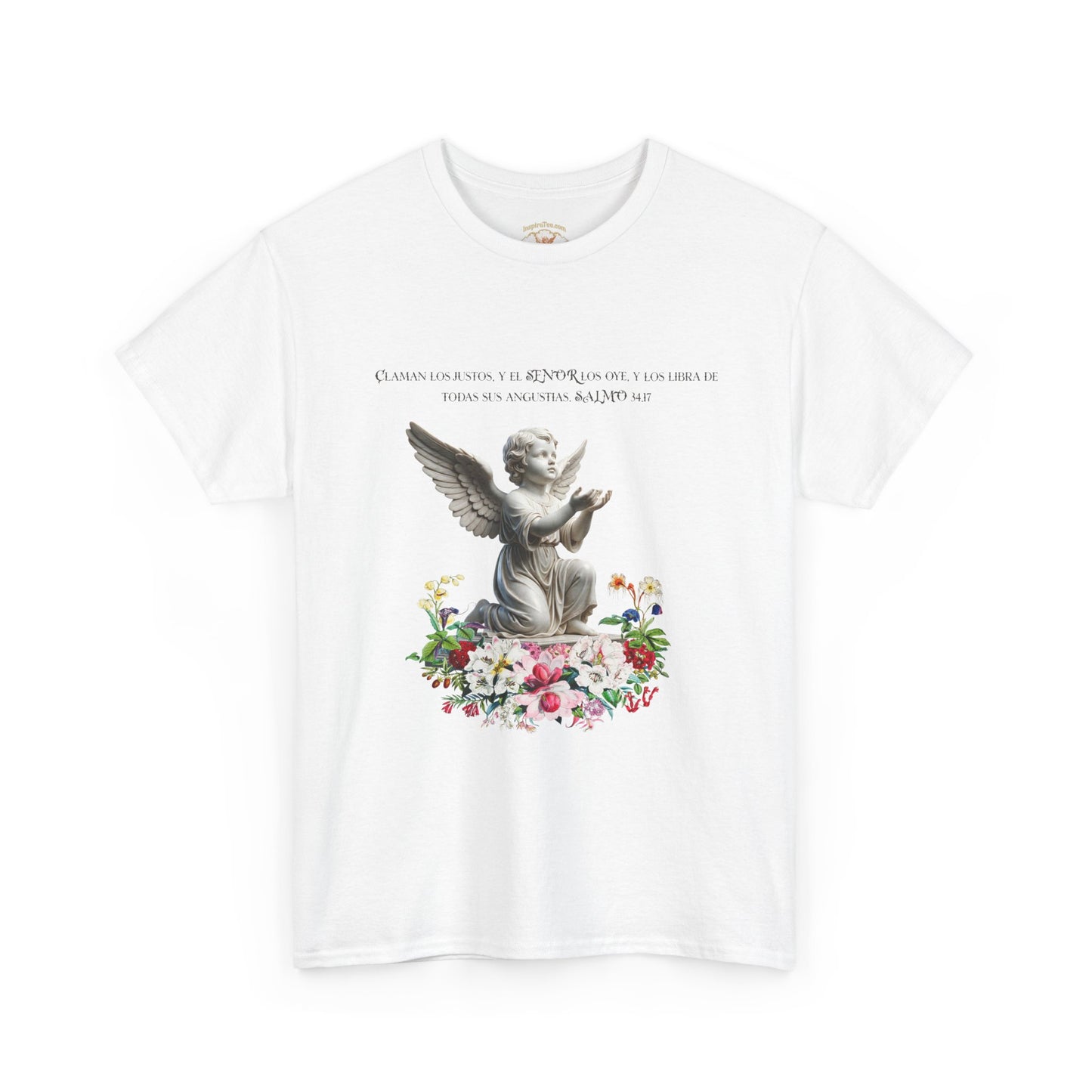 White t-shirt with an angel and floral design on a white background