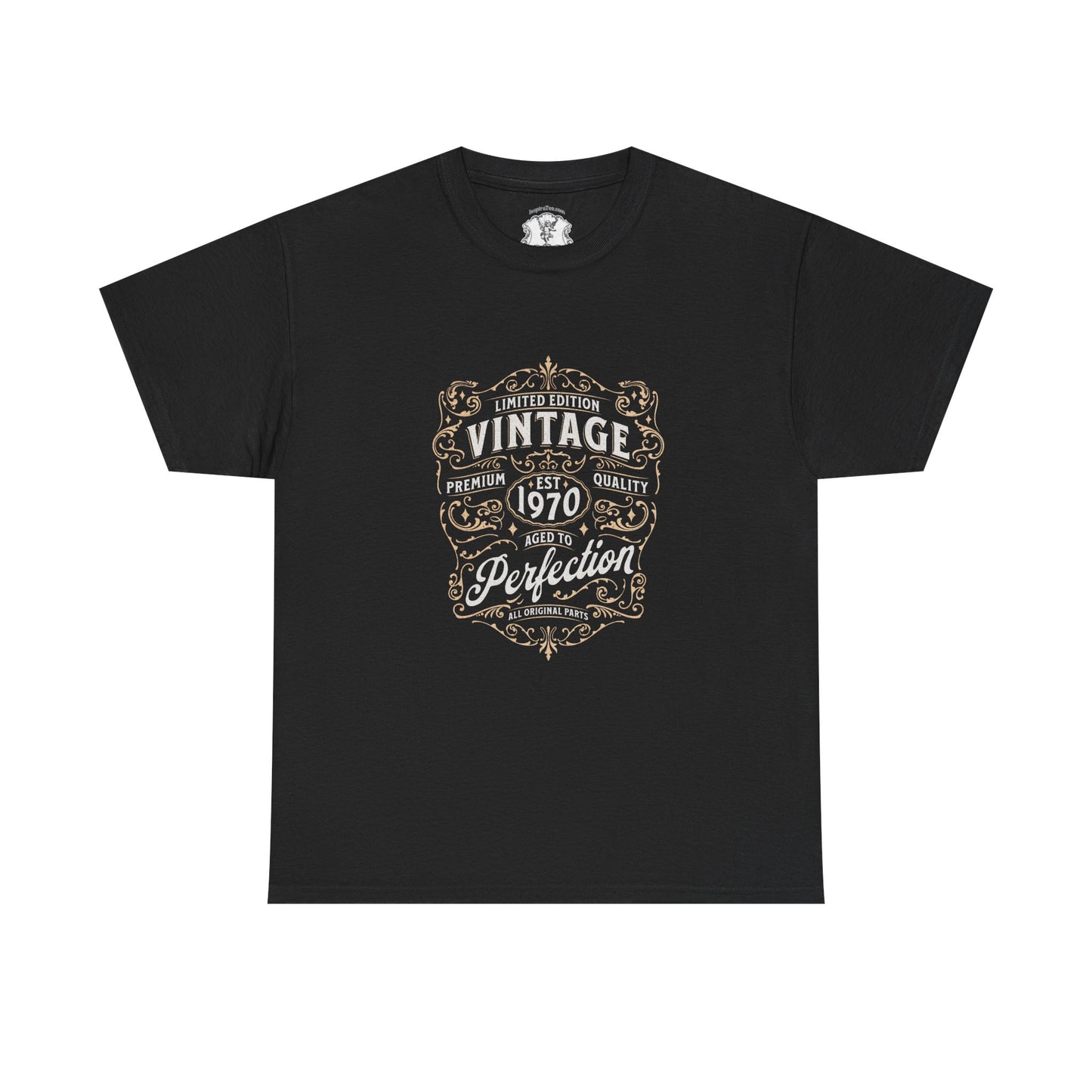 Black t-shirt with vintage design text on a white background