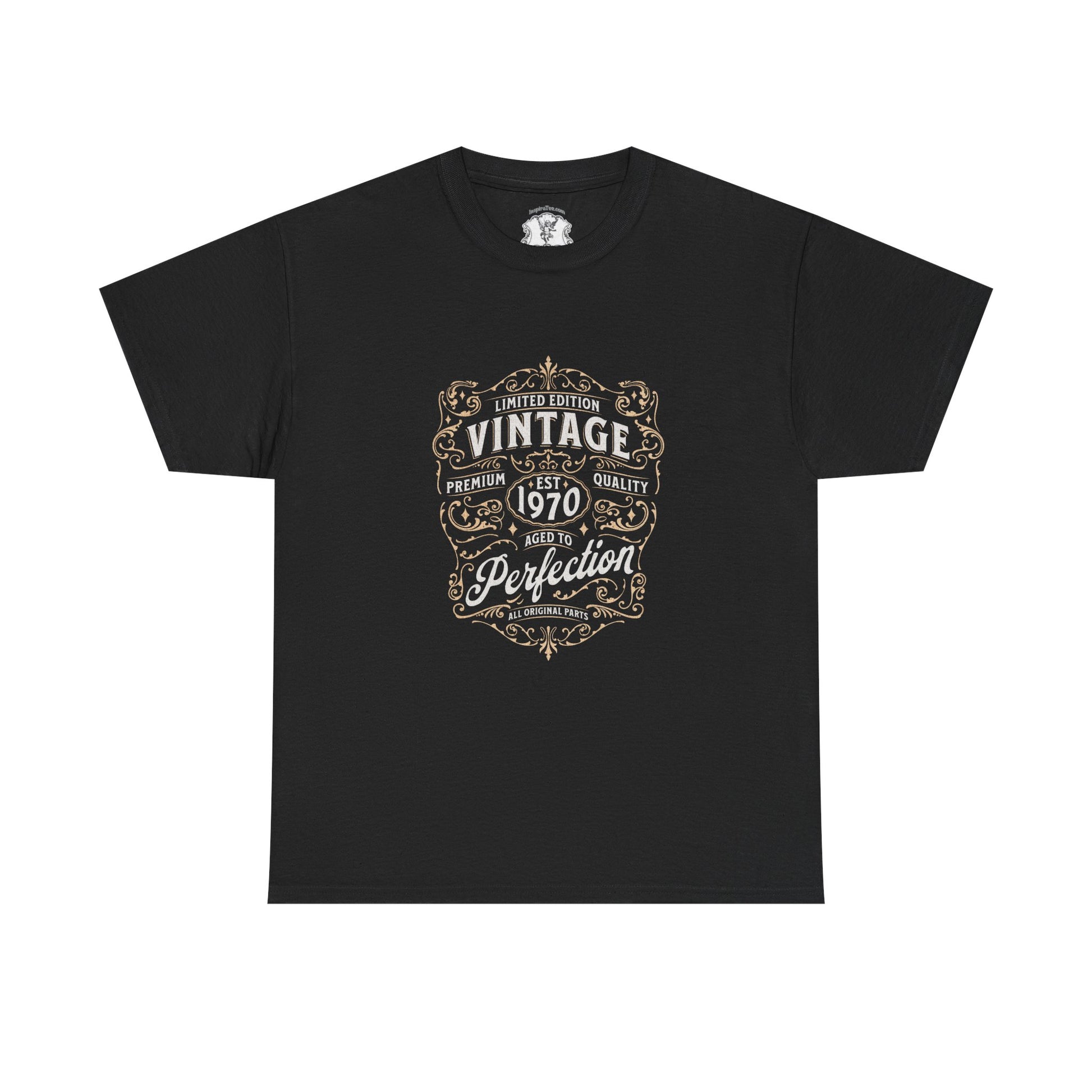 Black t-shirt with vintage design text on a white background