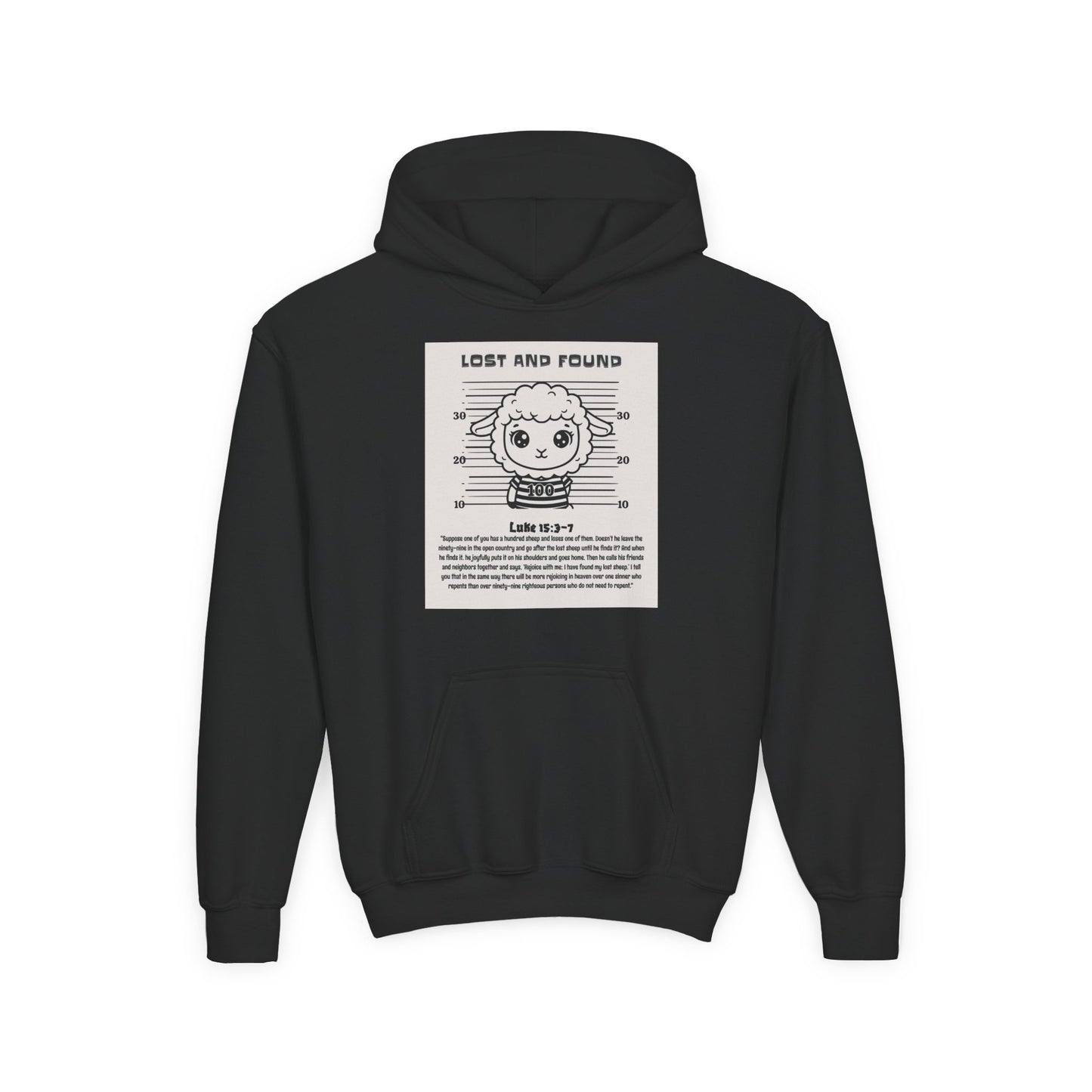Black hoodie with a graphic design on the back featuring a character and text.