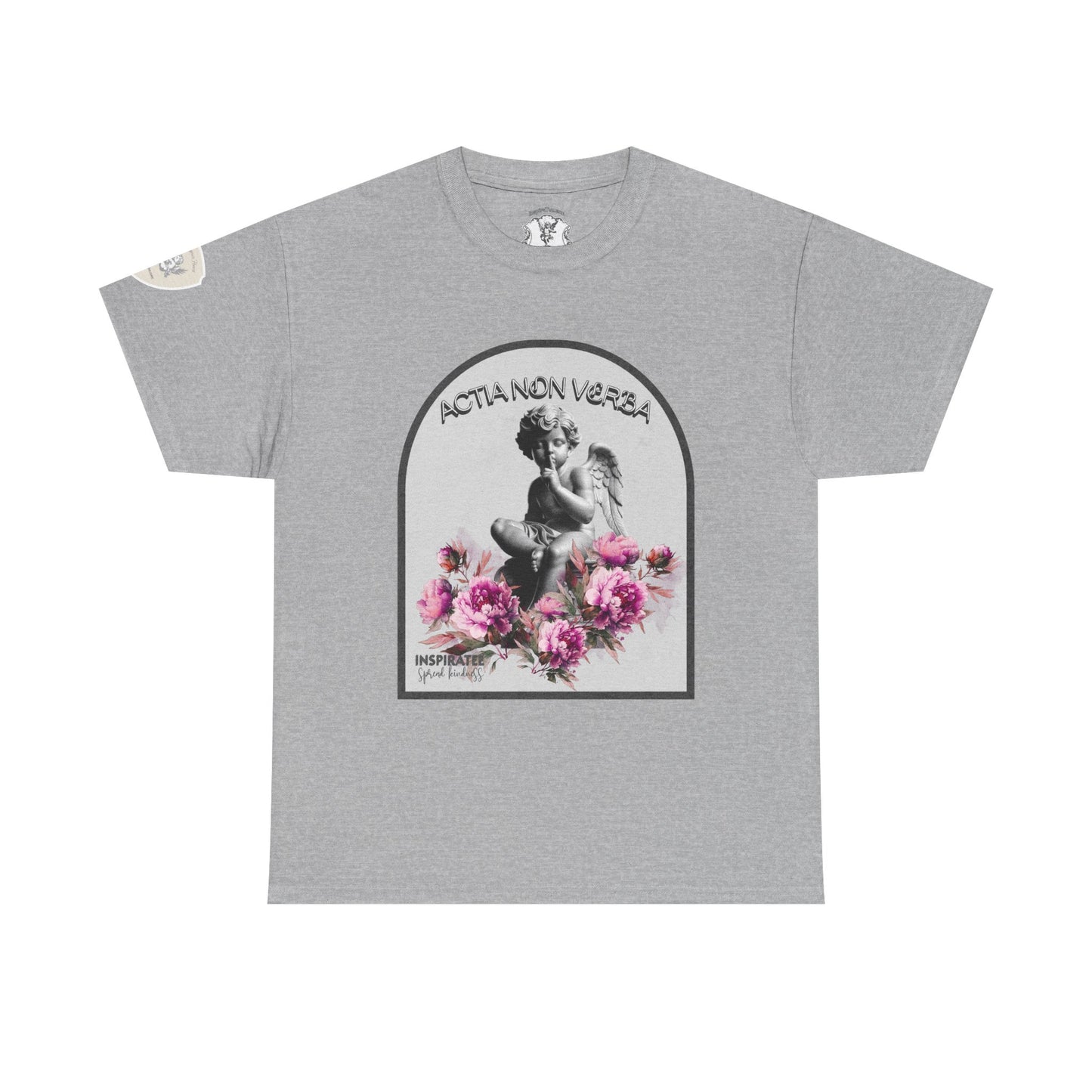 Gray t-shirt with an angel and floral design on a white background
