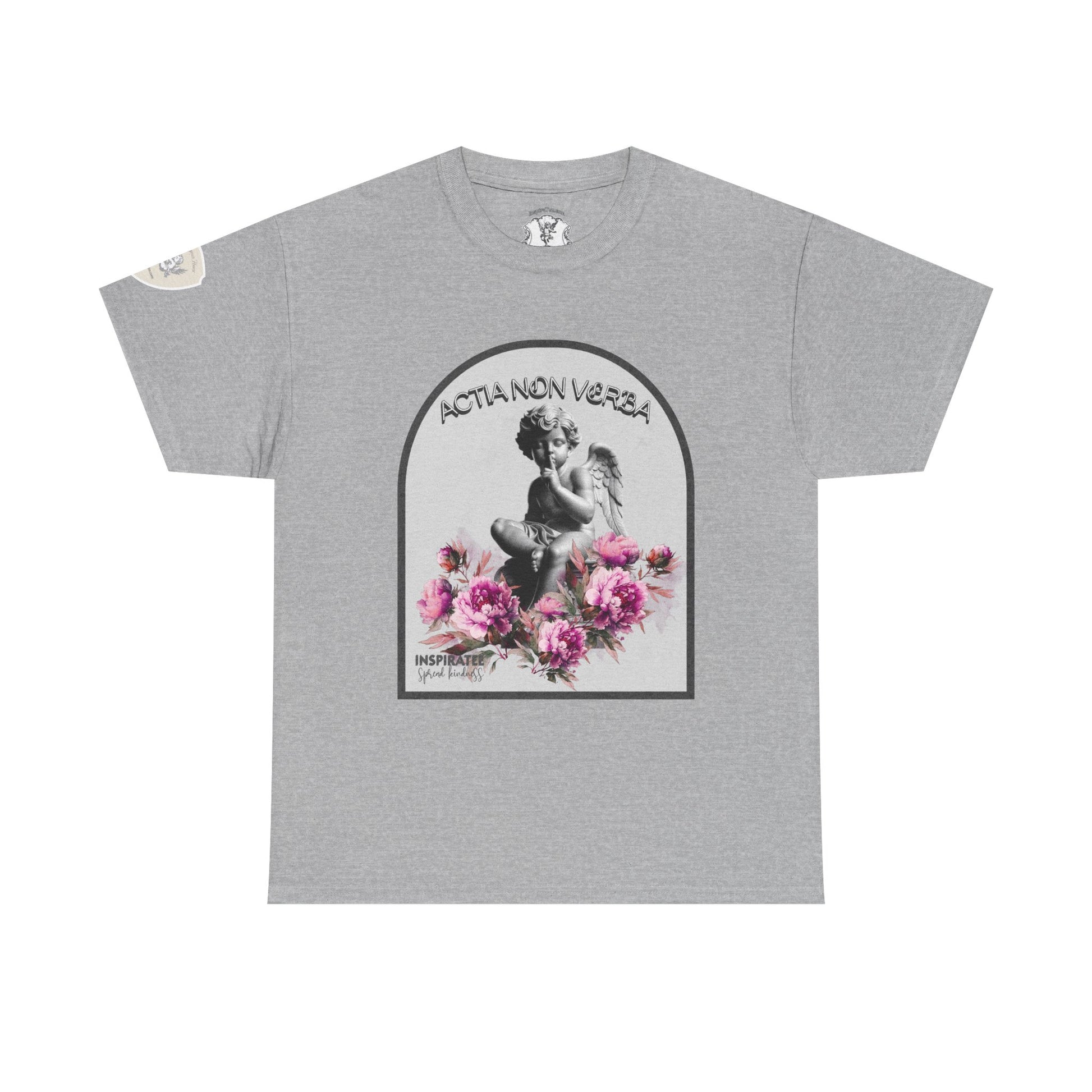 Gray t-shirt with an angel and floral design on a white background